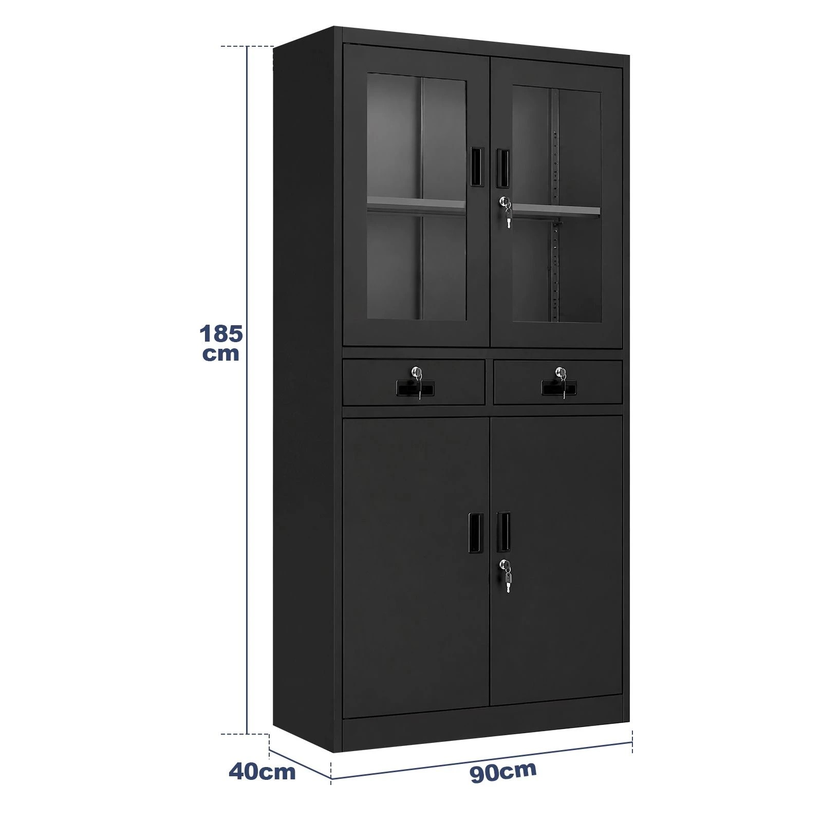3 Ausway 185 cm Lockable Steel Filing Cabinet Office Storage Cupboard with 2 Drawers & Tempered Glass Doors, 3 of 7