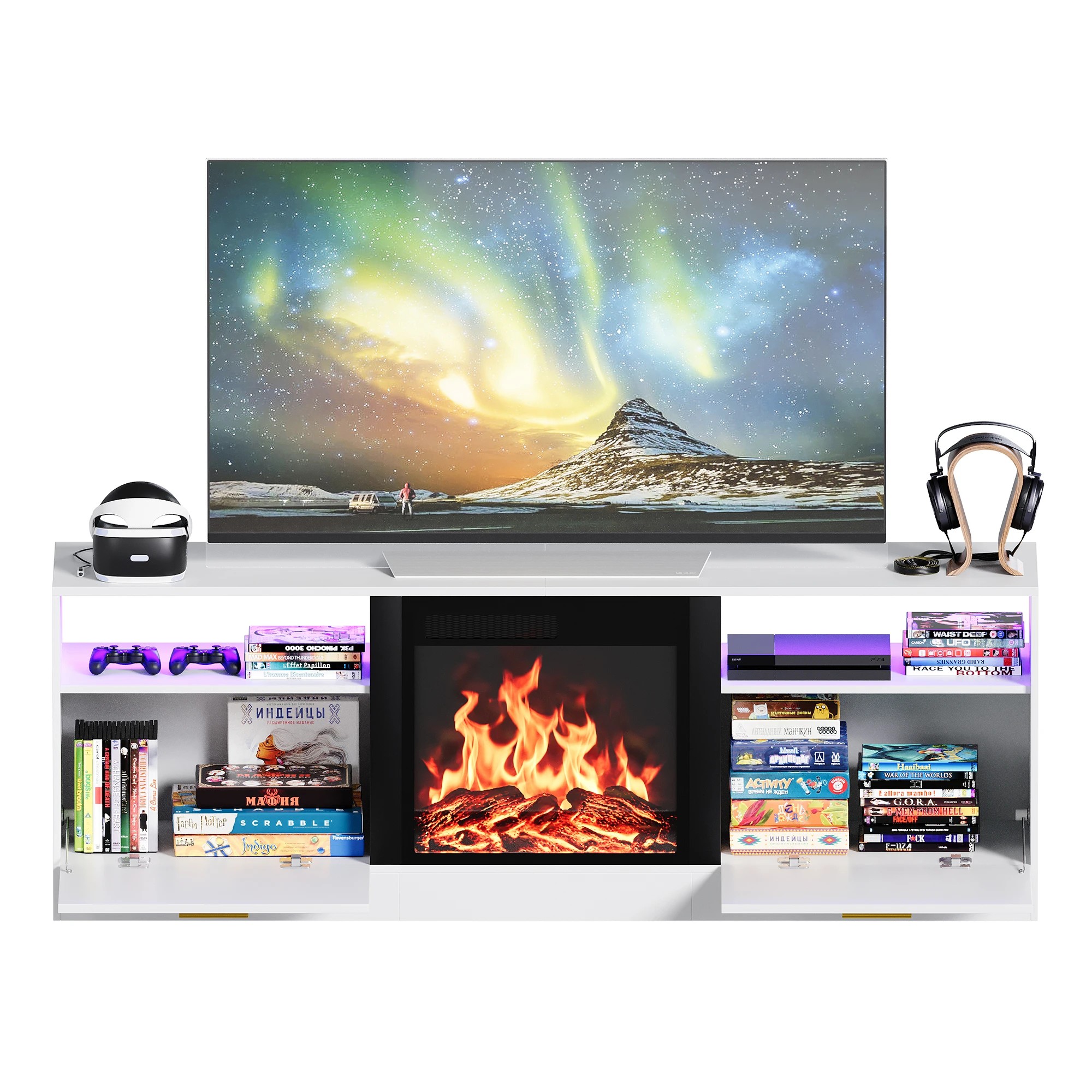 4 Advwin 160cm LED TV Cabinet w/ Fireplace & 3D Flame - White, 4 of 6