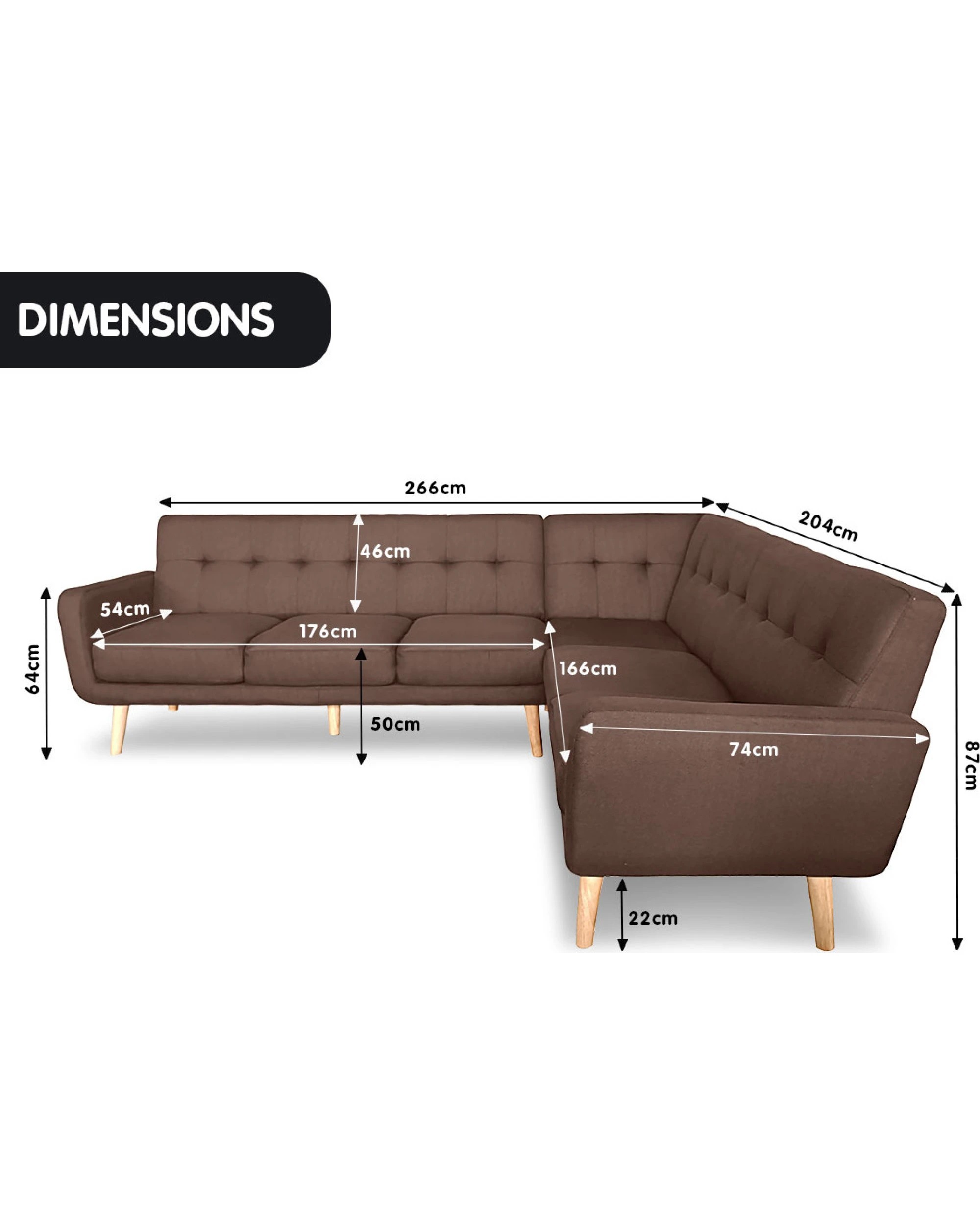 6 Faux Linen Corner Wooden Sofa Lounge L-shaped With Chaise Brown, 6 of 7