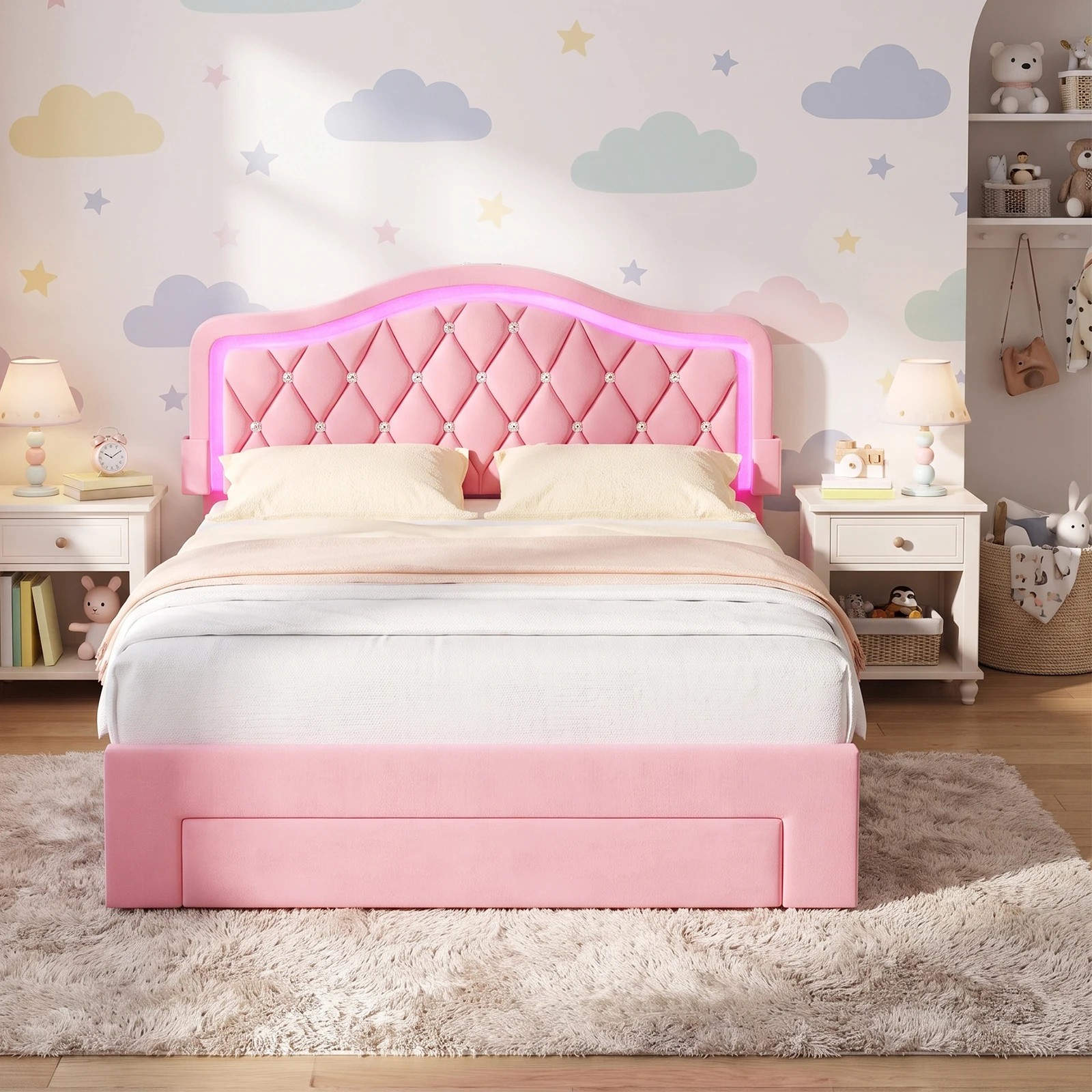 9 Advwin LED Velvet Bed Frame with Adjustable Headboard and Storage Drawer Double - Pink, 9 of 9