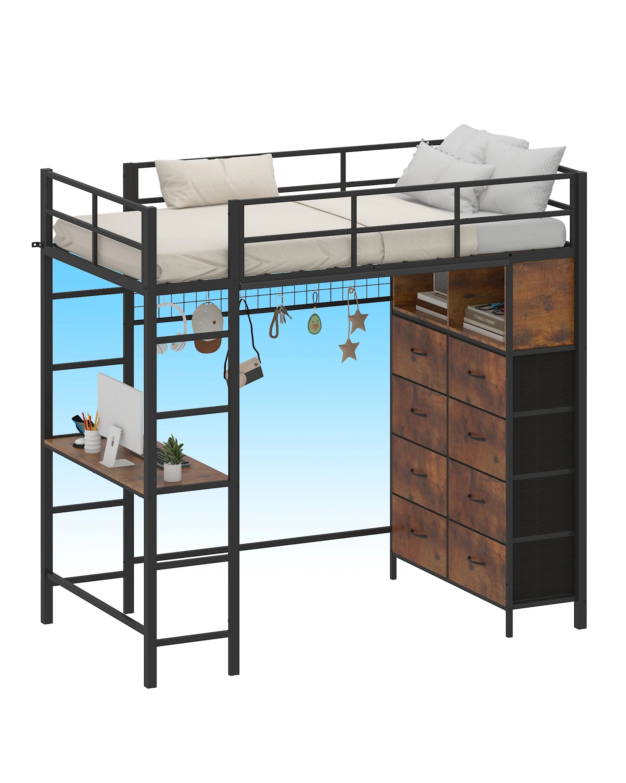 2 Ufurniture Single Loft Bunk Bed with LED Power Outlet Desk Storage Dual Ladder - Brown, 2 of 9