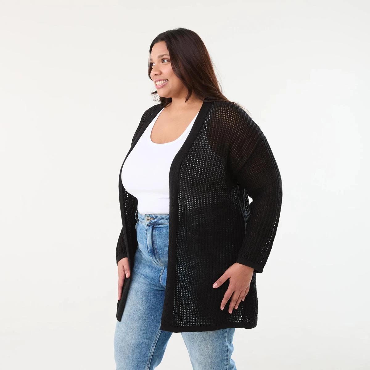 2 Curve Long Sleeve Crochet Cardigan BLACK, 2 of 5