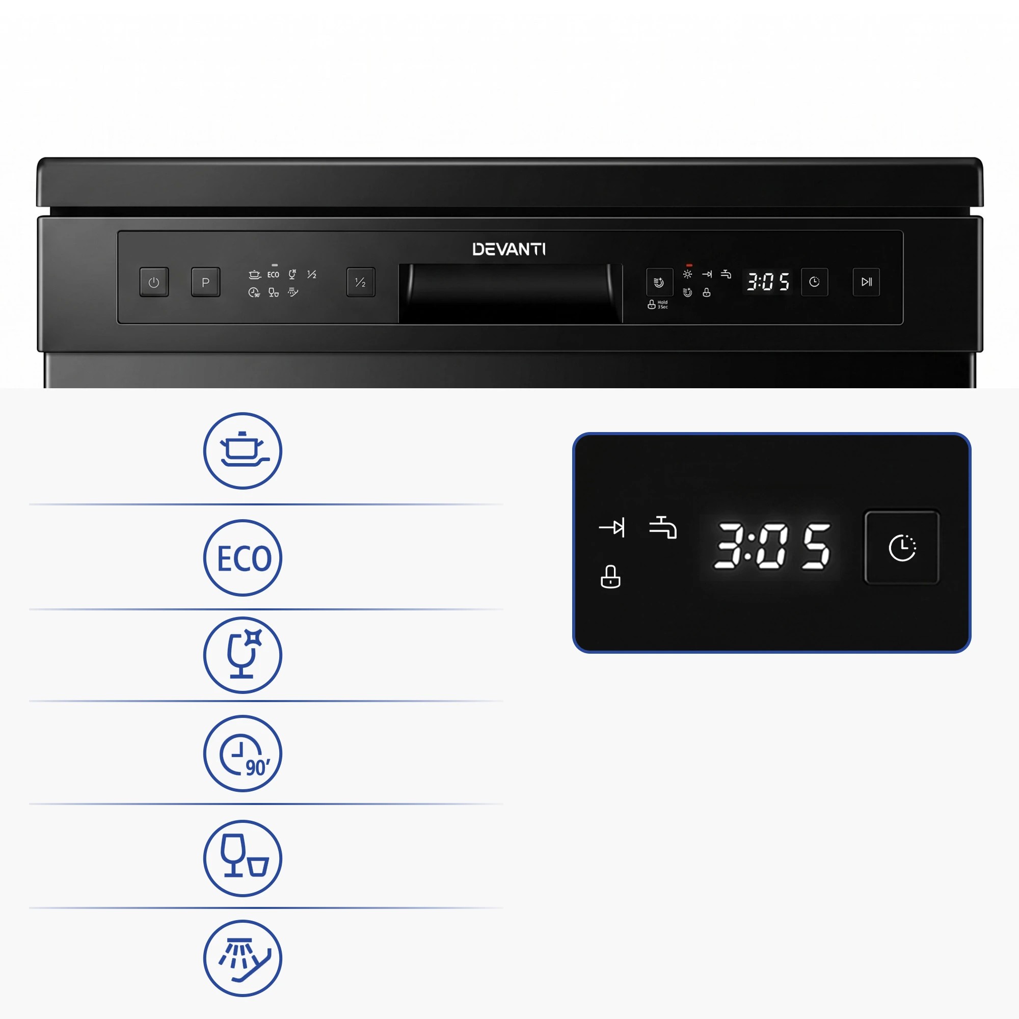 5 Devanti 12 Place Settings Dishwasher 55cm Freestanding Benchtop Built-In - Black, 5 of 10