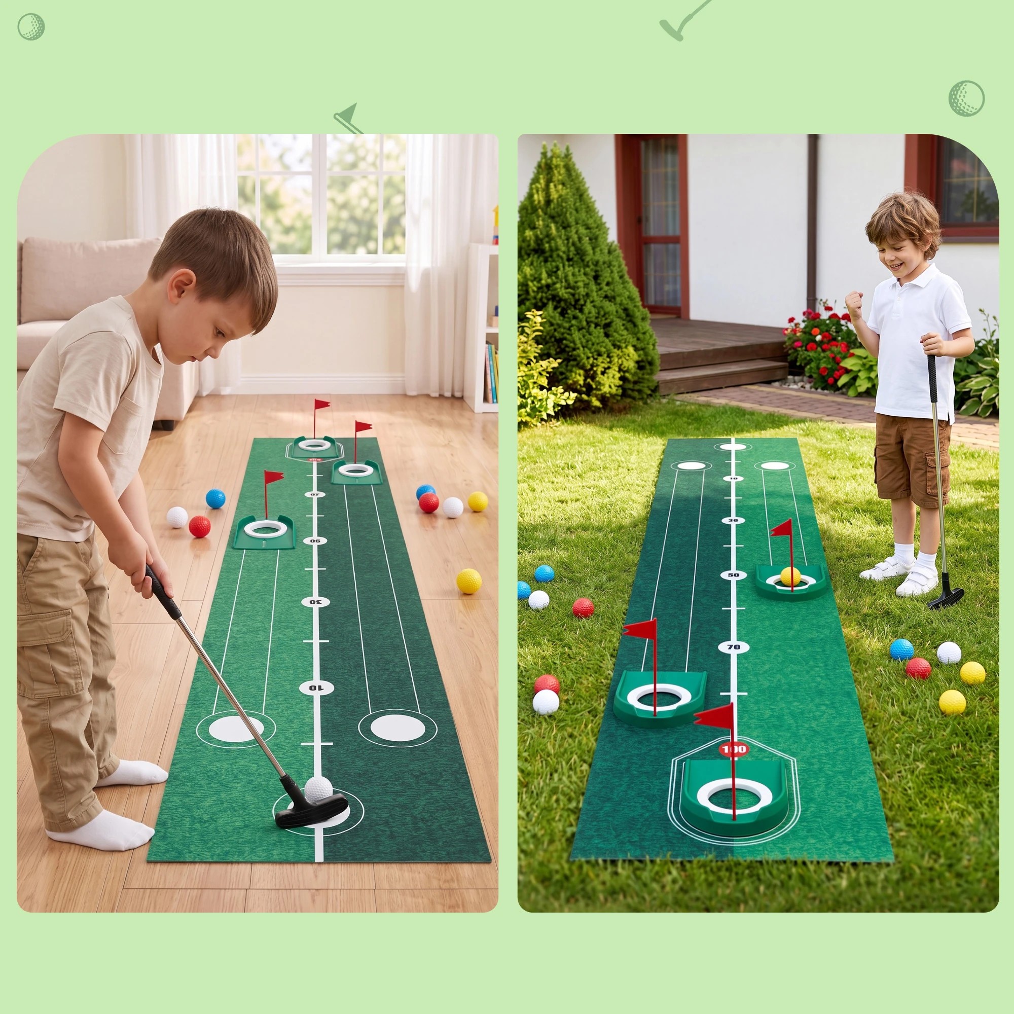 5 Keezi Kids Golf Putting Game Set with Golf Club, Putting Mat, 12 Balls, 3 Target Holes, Indoor Outdoor - Green, 5 of 7