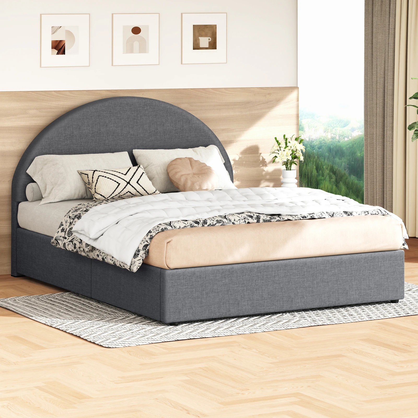 2 Alfordson Bed Frame Double Size Arched Base Gas Lift Storage Fabric Hoult - Grey, 2 of 10