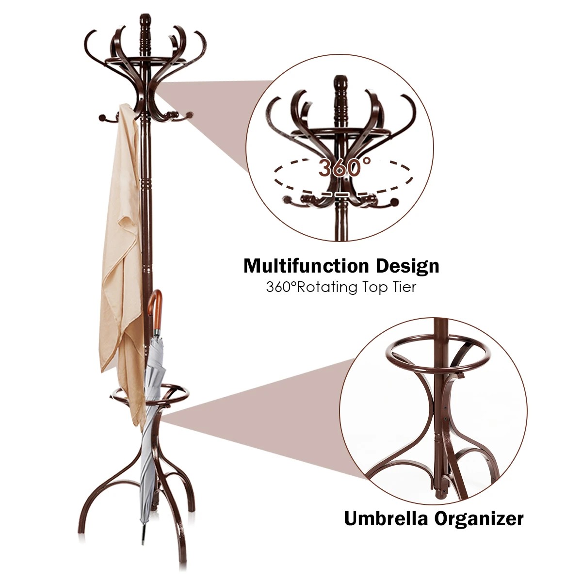 7 Costway Wood Coat Rack Hat Stand Clothes Hanger w/Umbrellar Holder & 12 Hooks 1.8M, 7 of 8