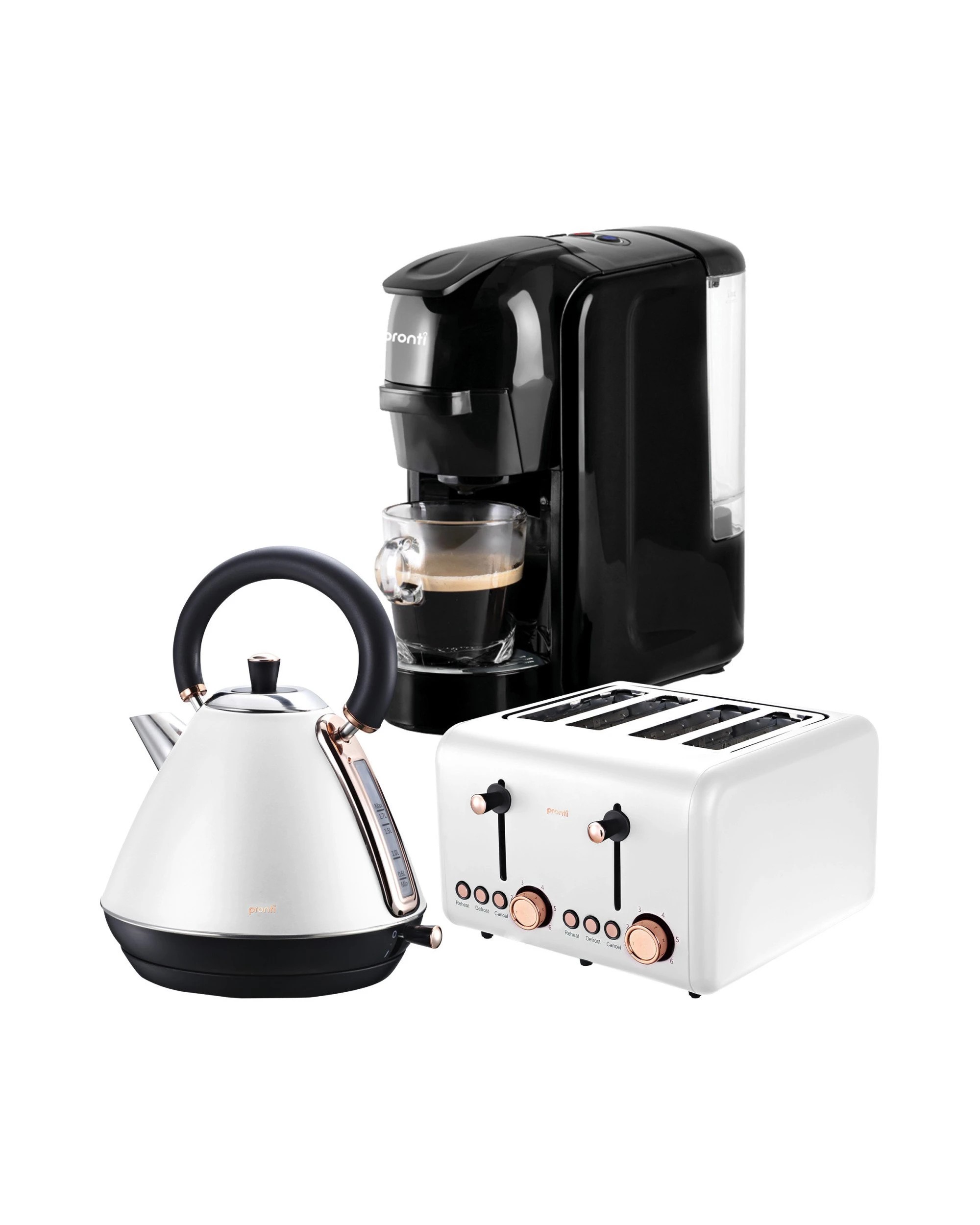 1 Pronti 3-in-1 Breakfast Set Kettle, 4-slice Toaster And Pronti Homemaid Coffee Machine Appliance Combo In White, 1 of 10