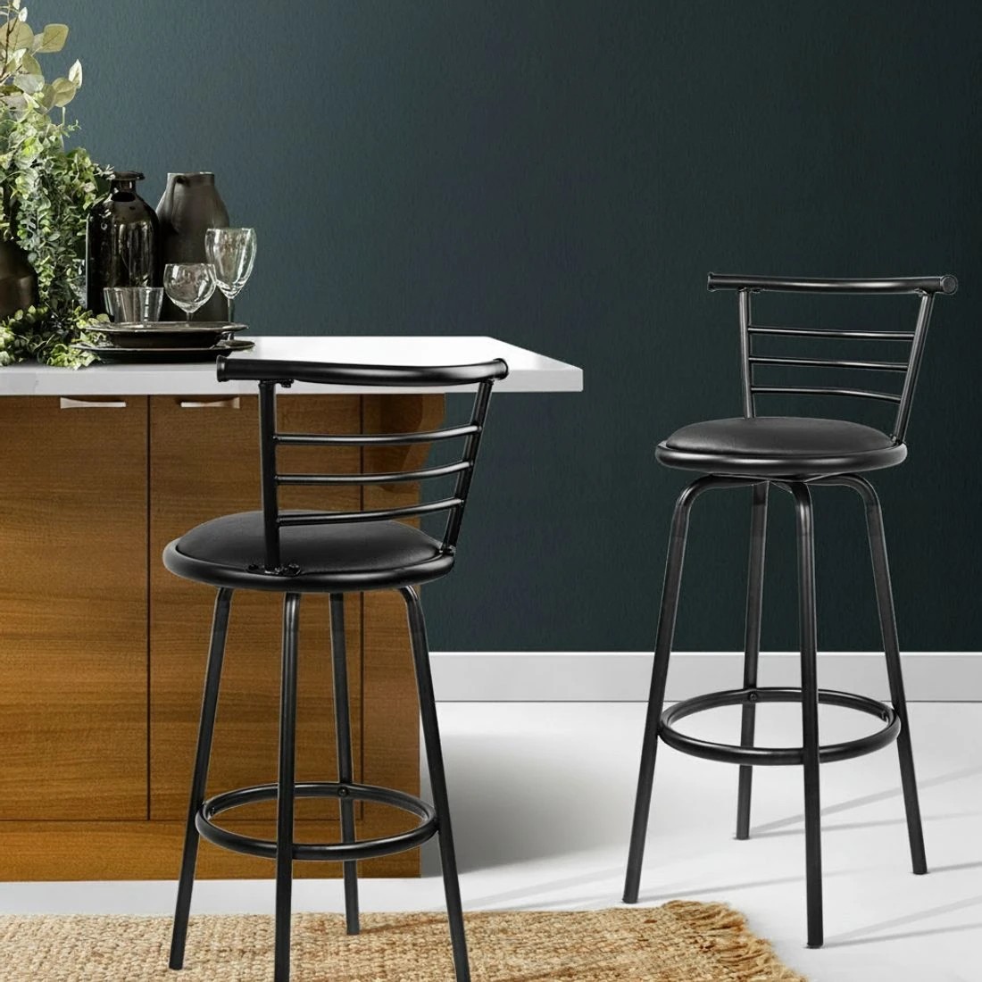 6 Artiss 2x Bar Stools Swivel Leather Padded Metal - Black, 6 of 7