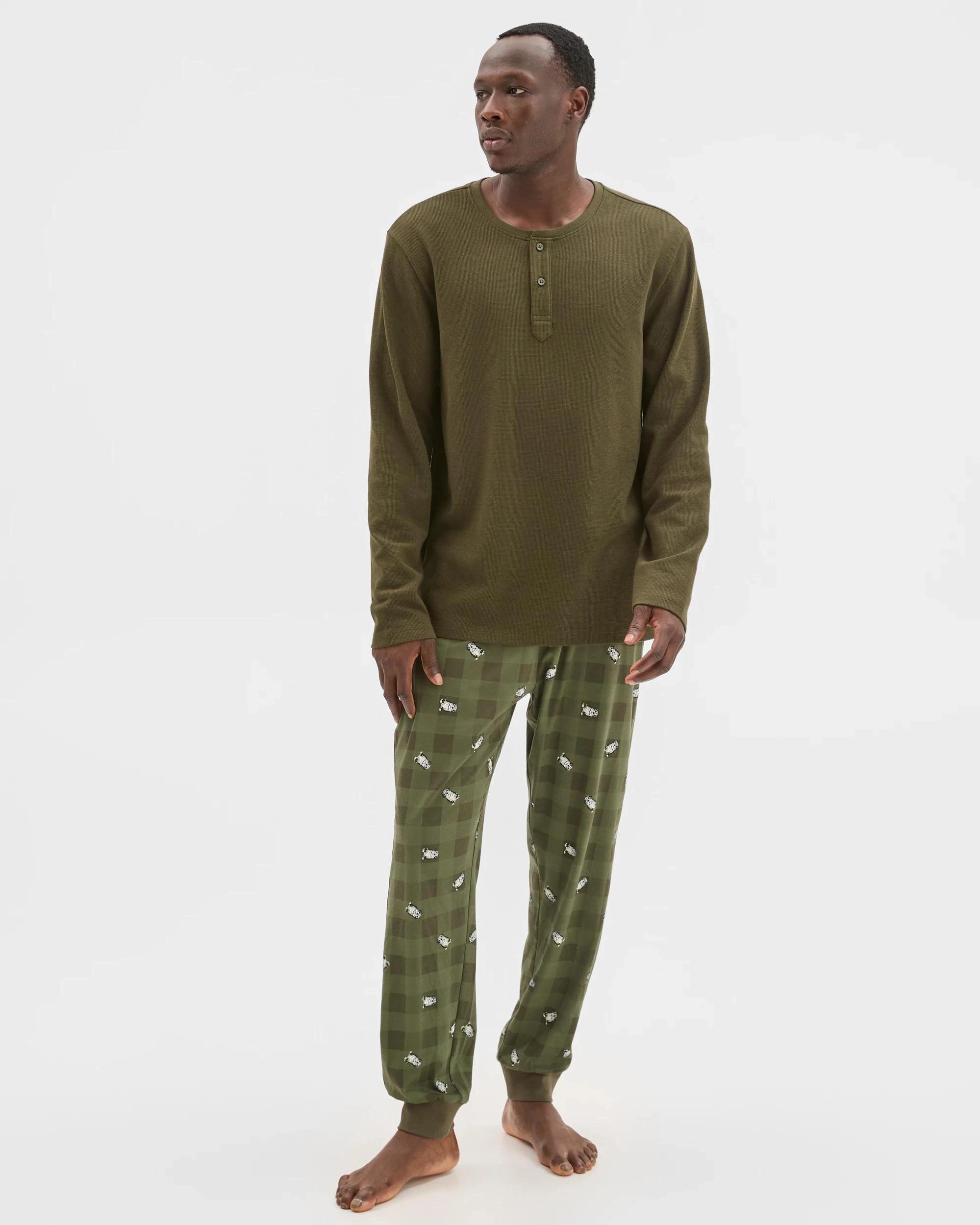 1 Maxx Australian Cotton Blend Waffle Henley Sleep Top FOREST NIGHT, 1 of 6