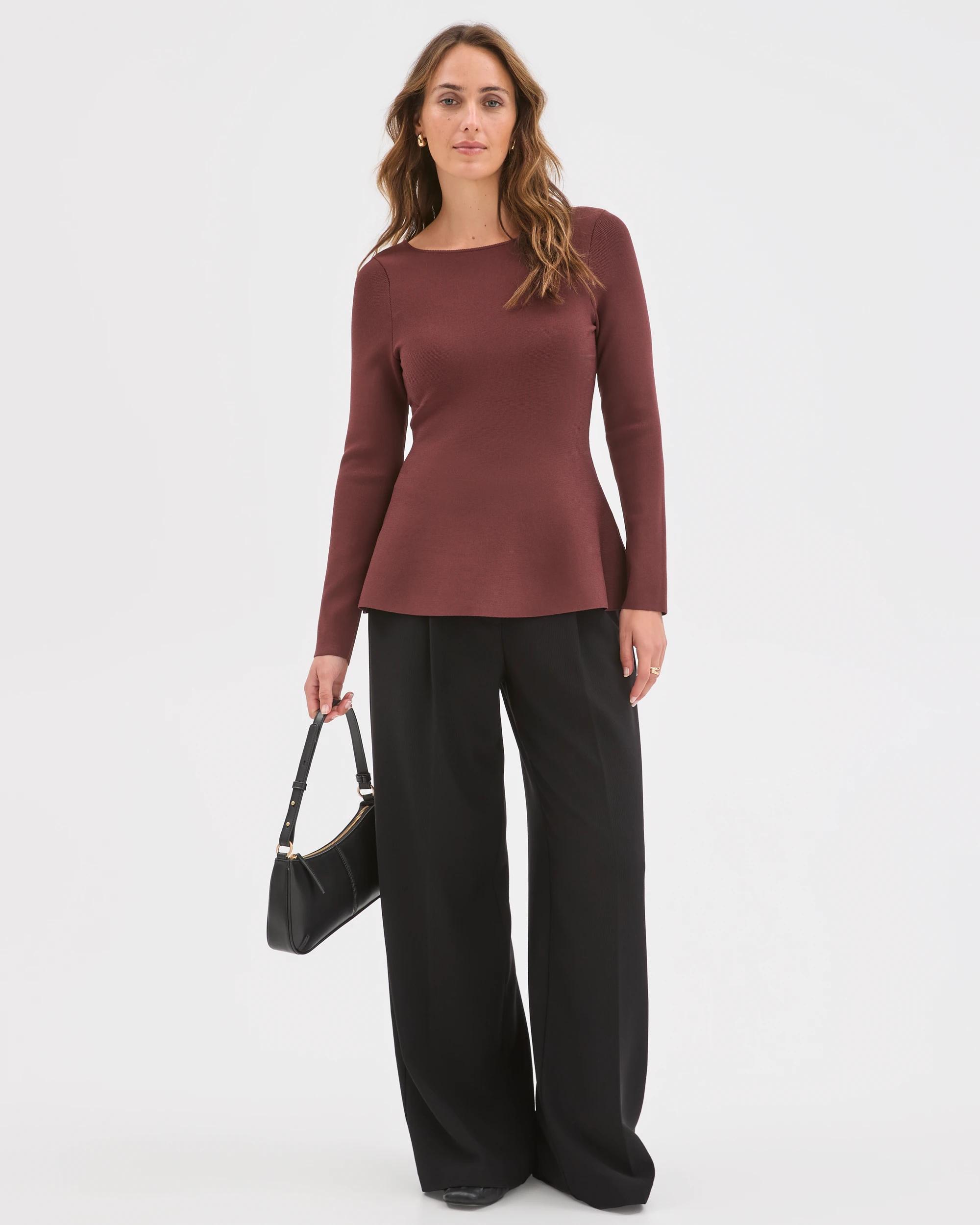 2 Preview Long Sleeve Peplum Crepe Knit Top DARK CHOCOLATE, 2 of 7
