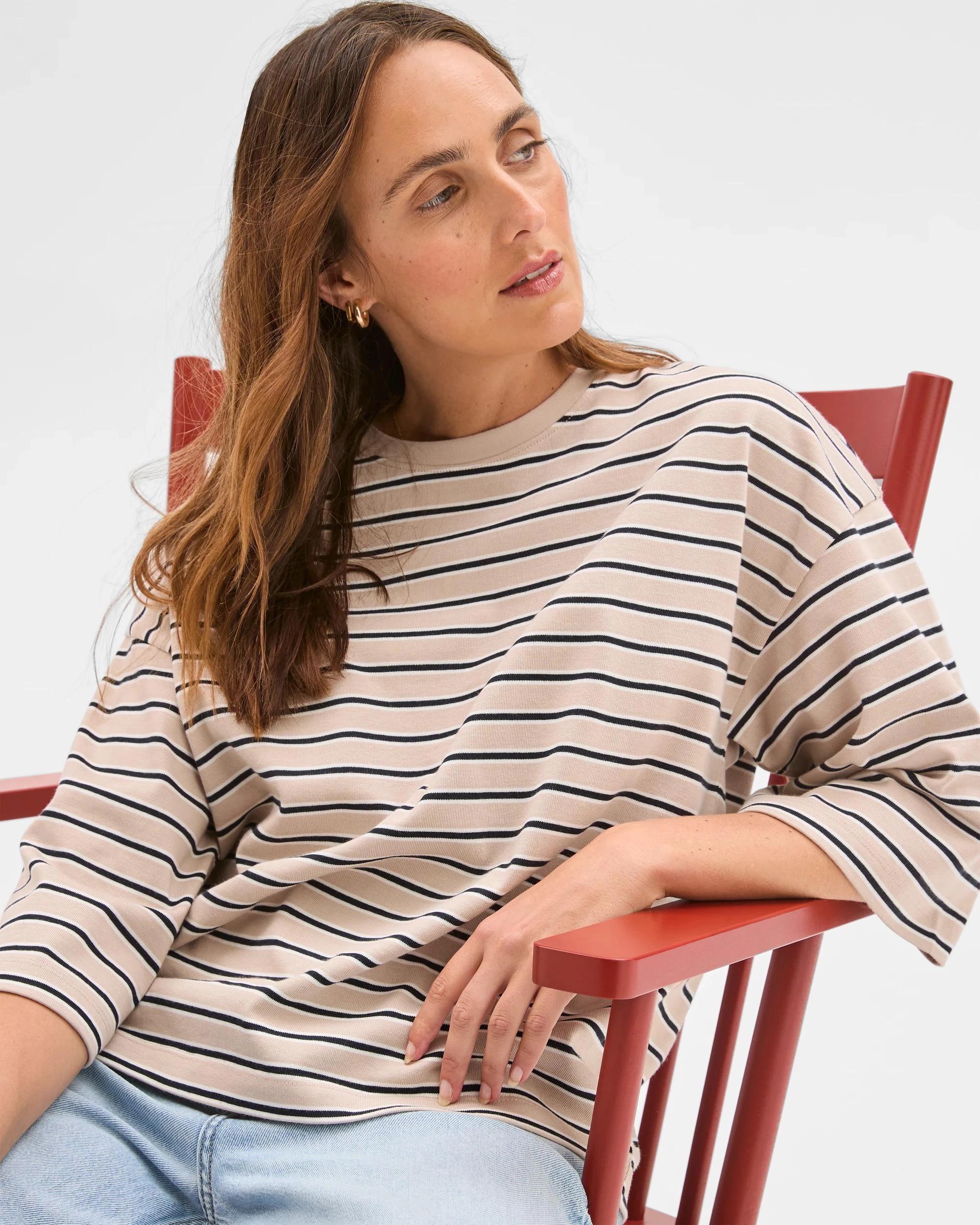 5 Target Woman Australian Cotton 3/4 Length Wide Sleeve Boxy T-Shirt BLACK/BIRCH/CLOUD DANCER, 5 of 7