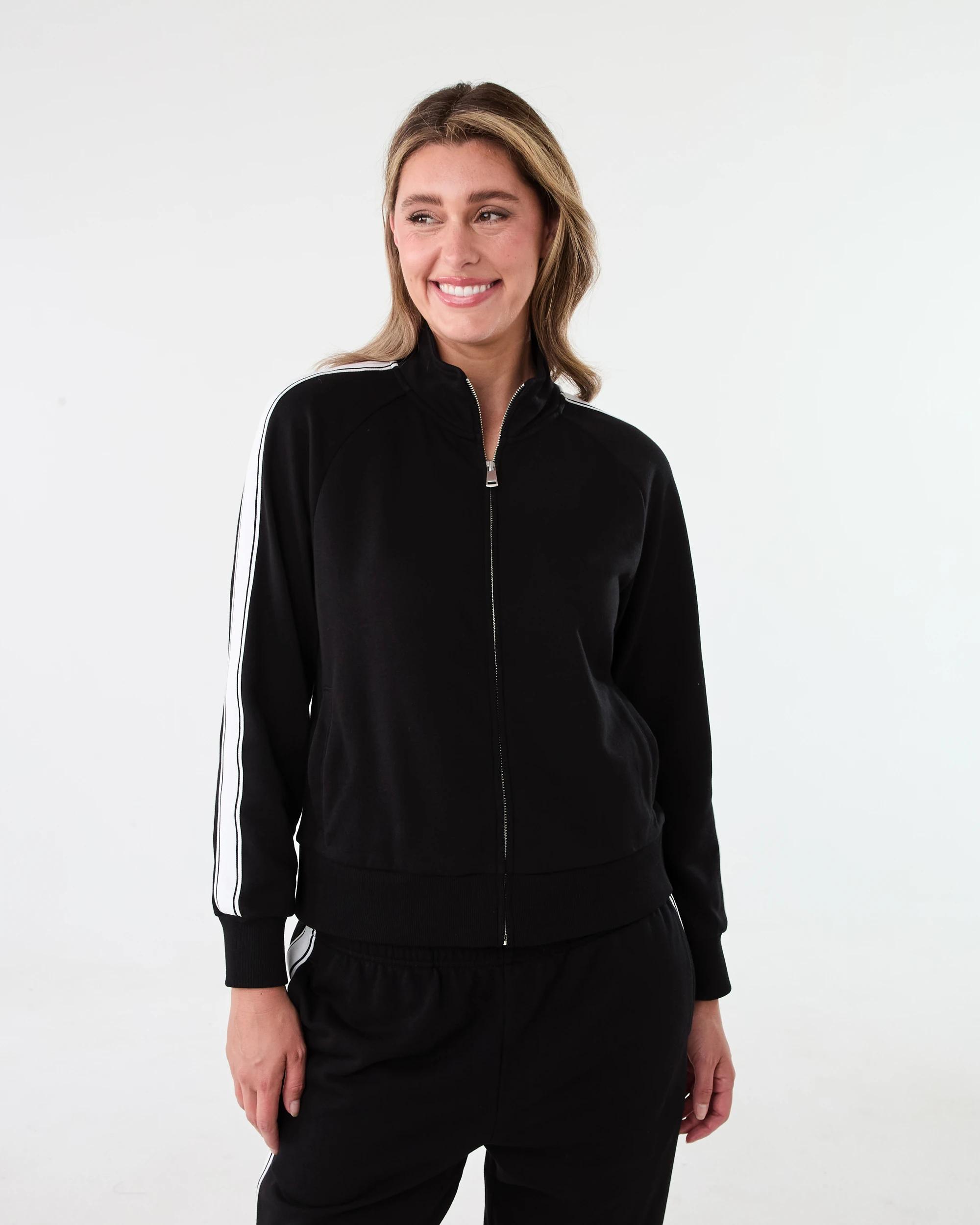 1 Zip Through Stripe Sleeve Sweatshirt Black, 1 of 8