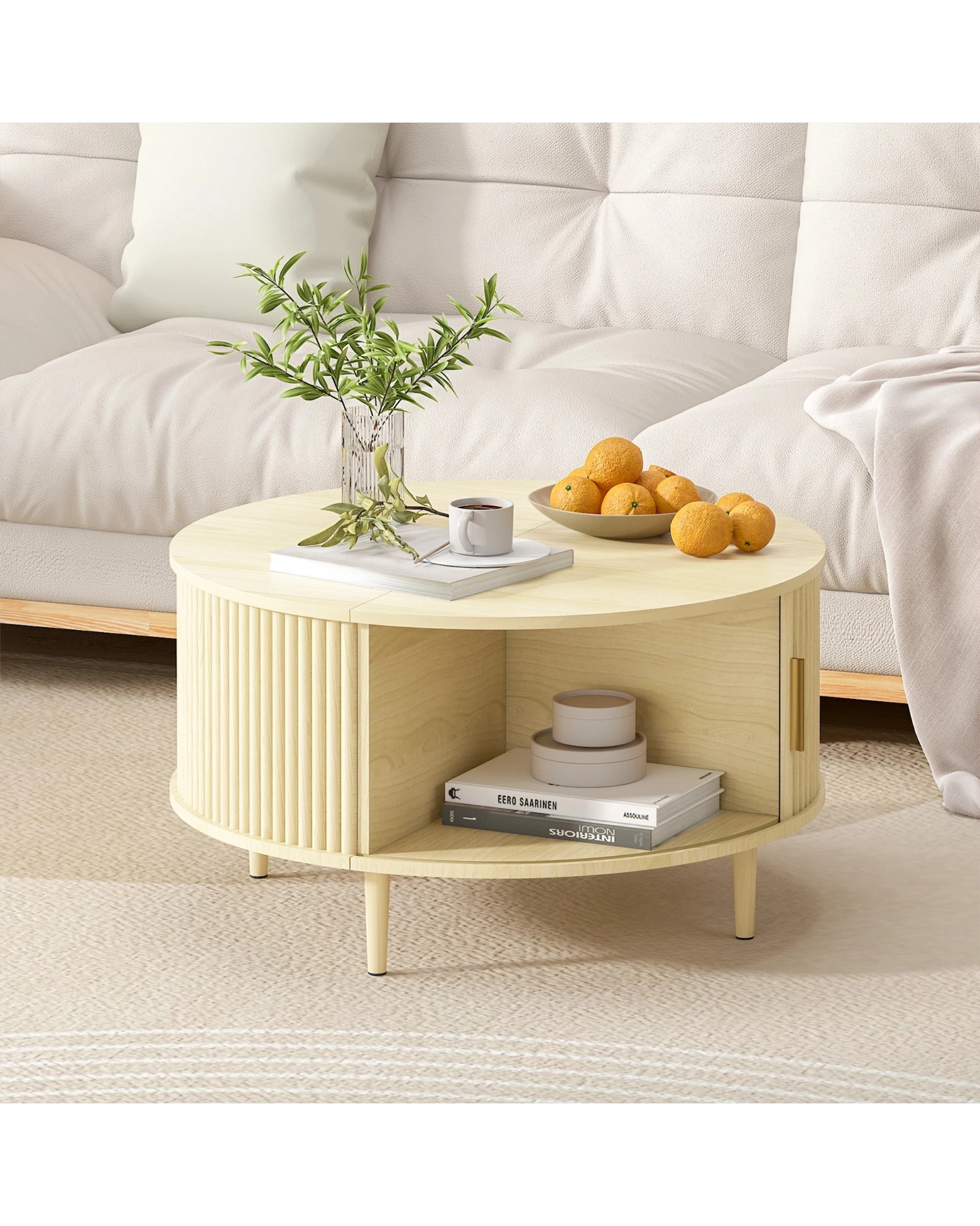 2 Advwin 80cm Round Coffee Table Fluted Center Table w/ Sliding Door Cabinet Side Table w/ Hidden Storage & Shelf, 2 of 8