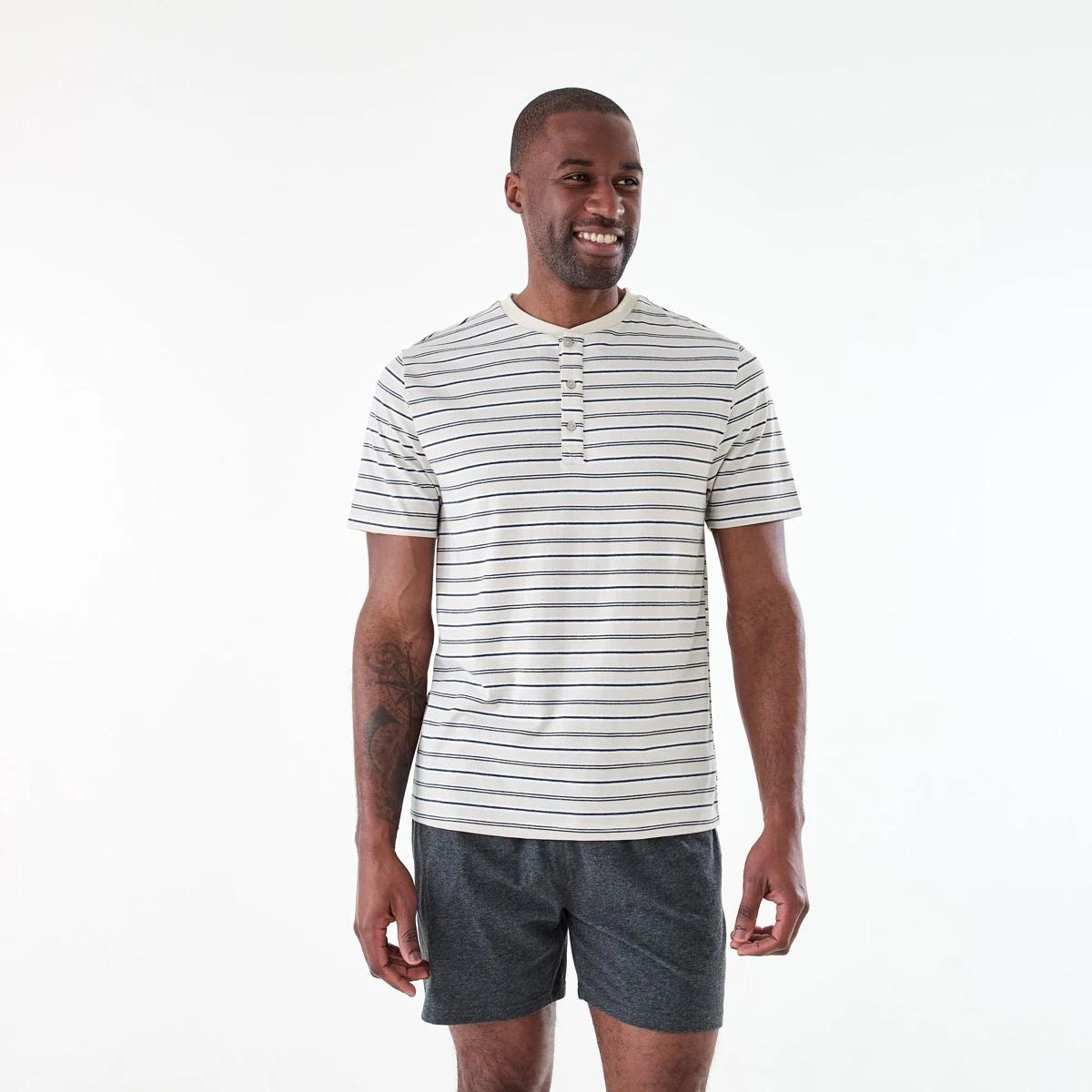 1 Short Sleeve Henley Knit Pyjama Set DUNE STRIPE, 1 of 7