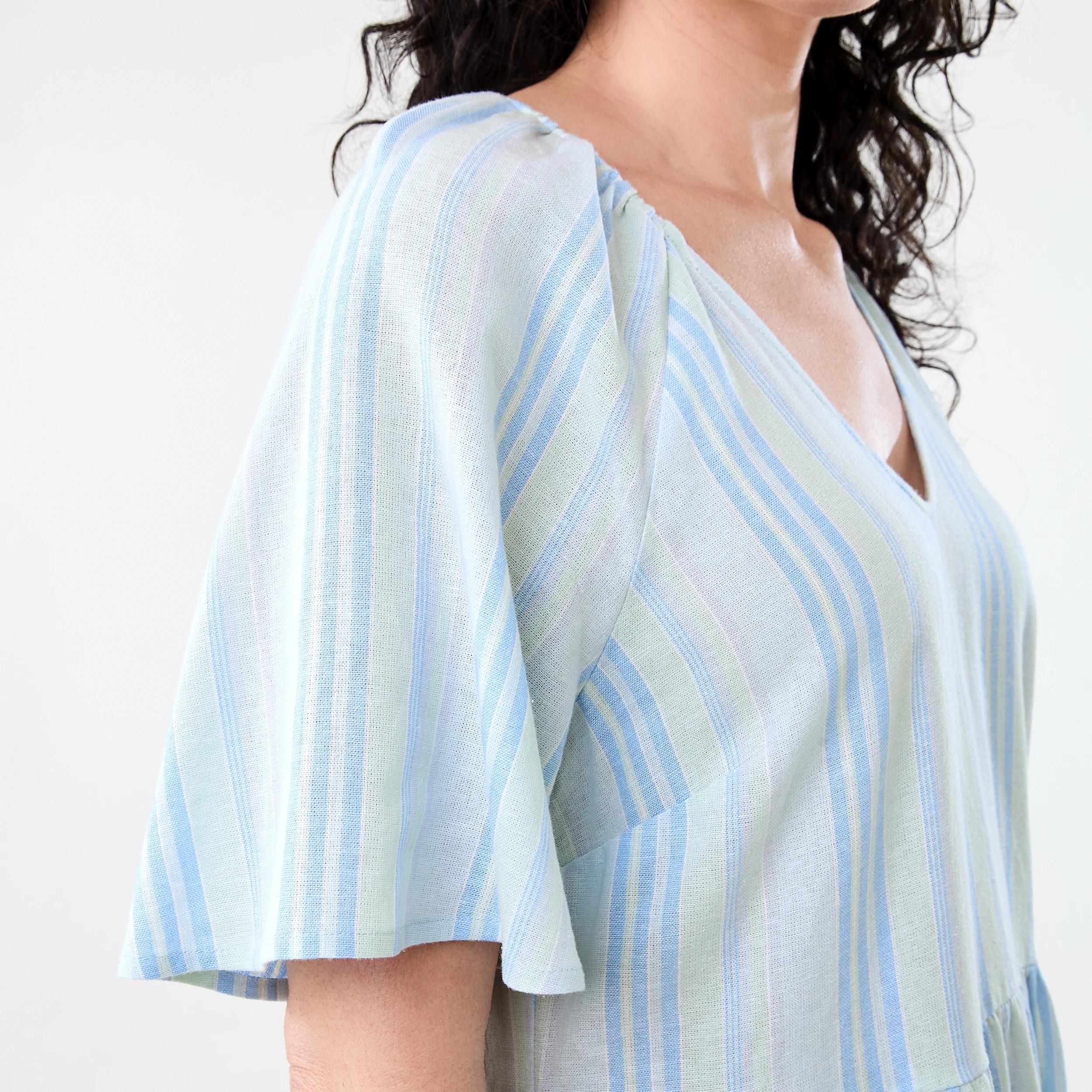 6 Short Sleeve Linen Blend Tiered Mini Dress Strp Spun, 6 of 9