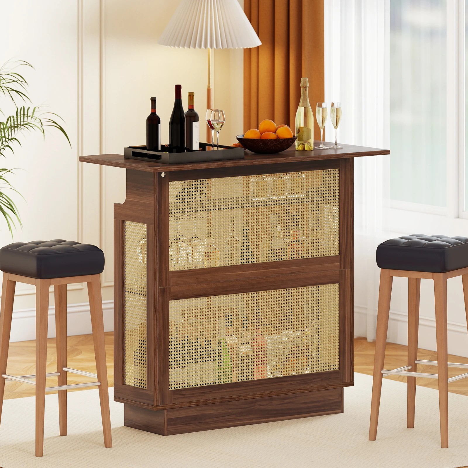 4 Costway 4-Tier Rattan Bar Table LED Wine Counter Cabinet Home Pub Unit - Brown, 4 of 5