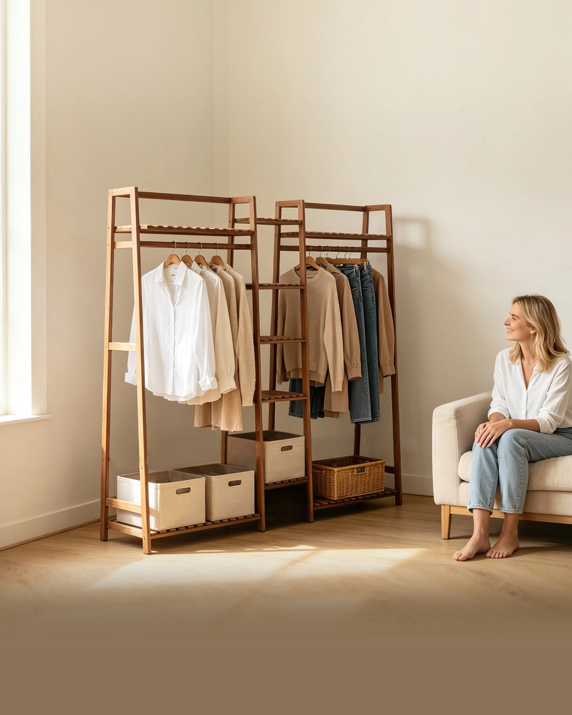 2 Foret Tea Brown Bamboo Double Clothes Rack With Shelves, 2 of 8