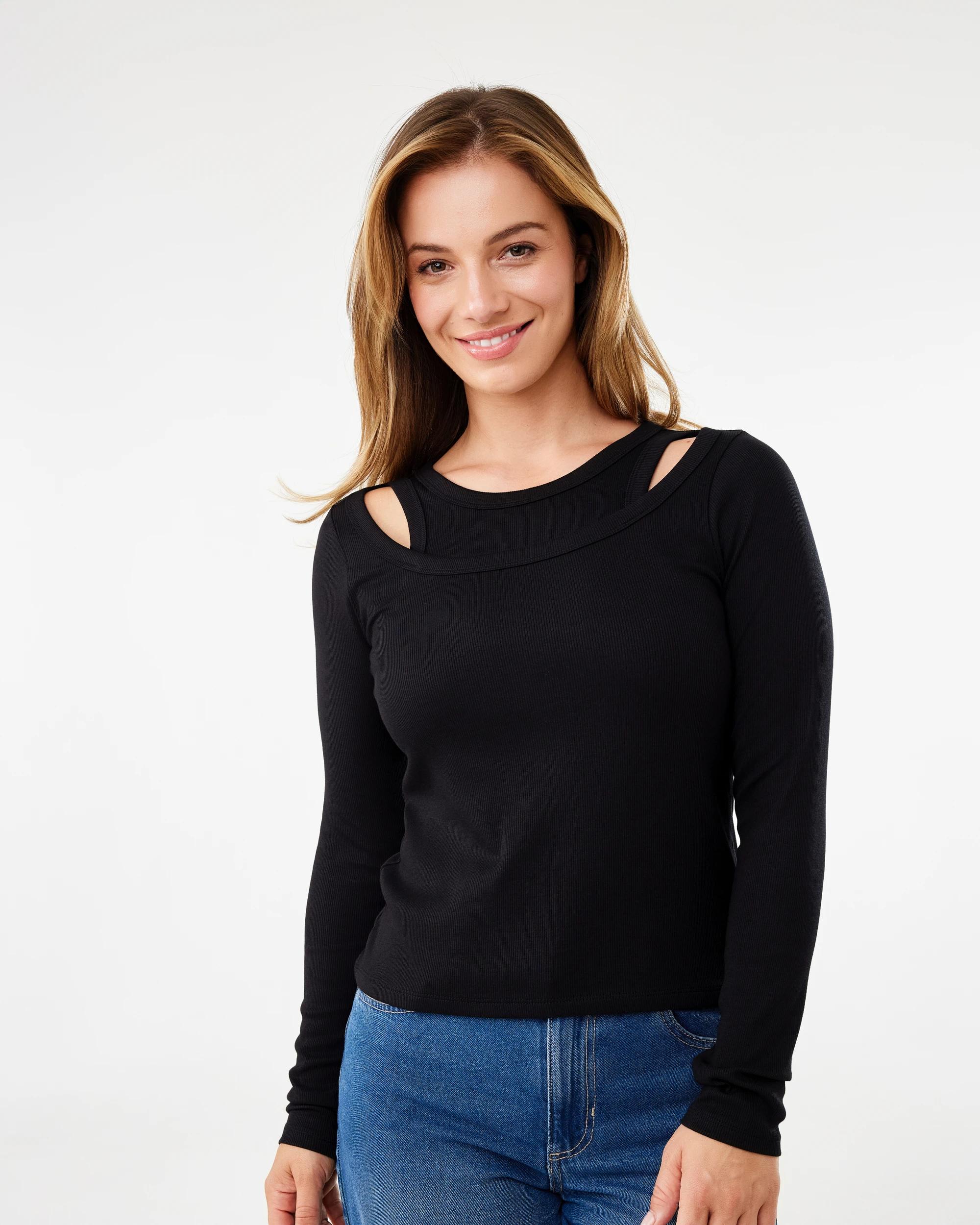 1 Long Sleeve Rib Double Layer Top Black, 1 of 6
