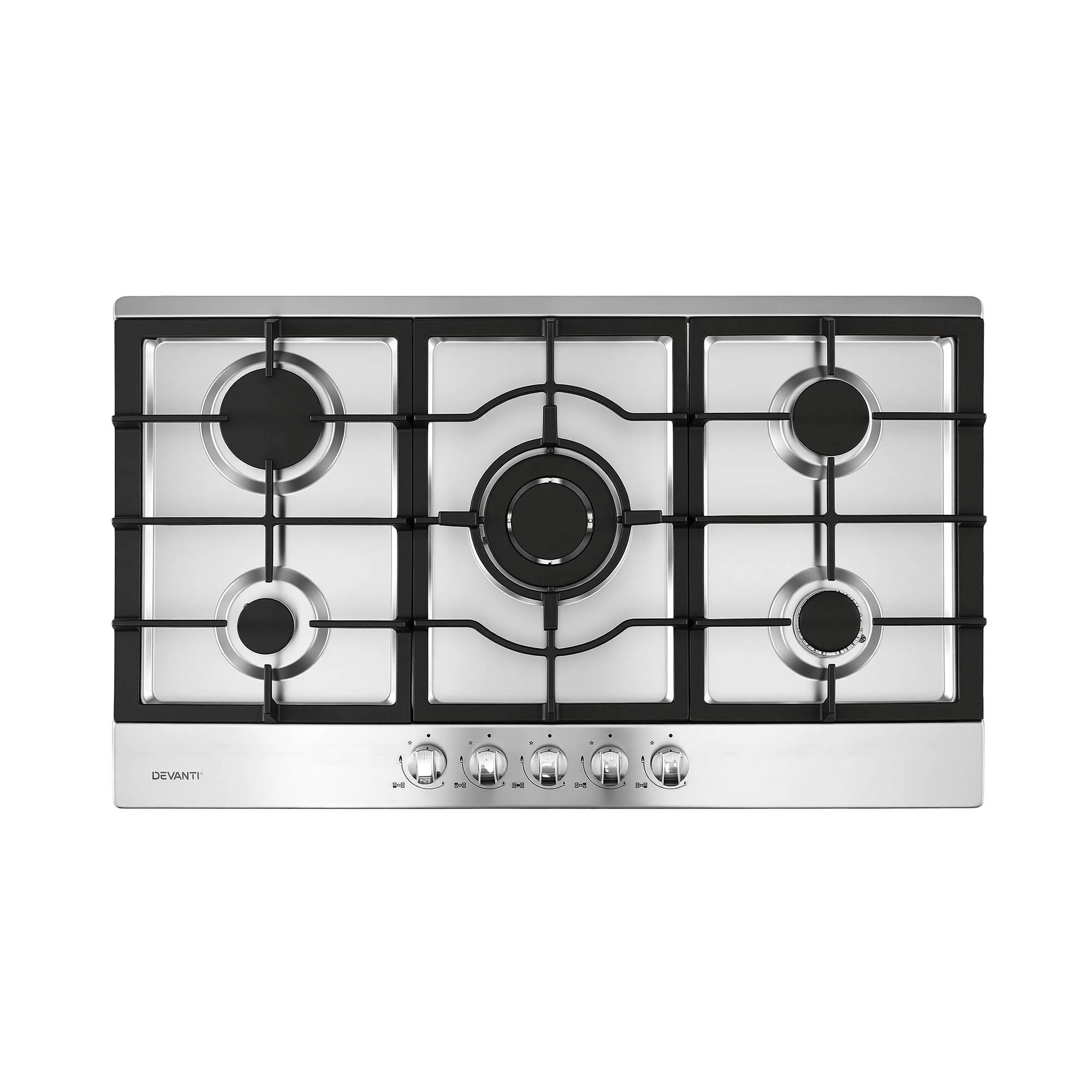 1 Devanti 90cm Gas Cooktop 5 Burner LPG NG Stainless Steel Hob Cast Iron Pan Support - Silver, 1 of 9
