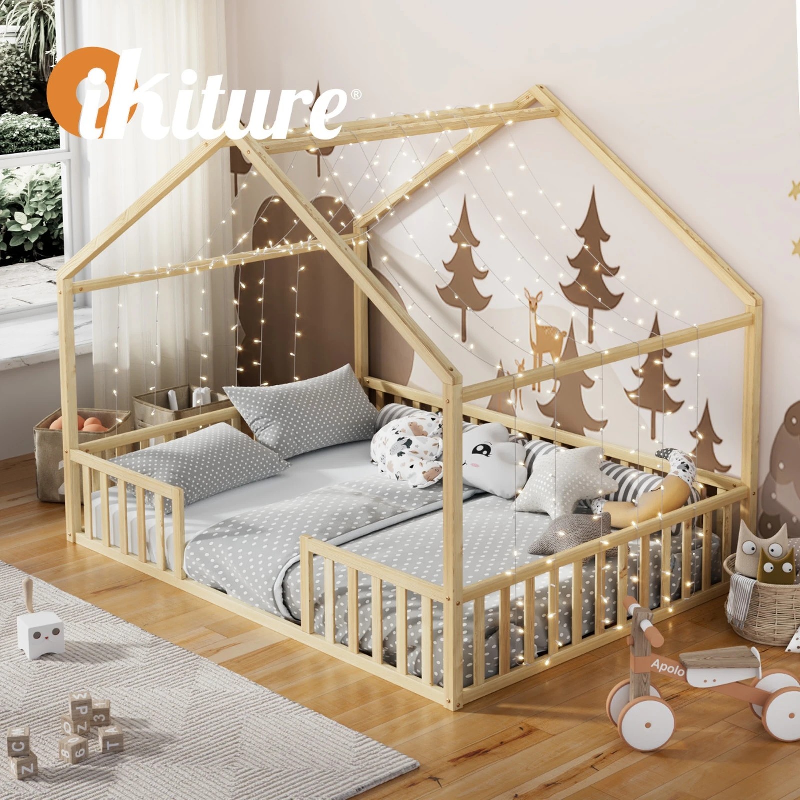6 Oikiture Double House Bed Kids Wooden Bed Frame - Natural, 6 of 10