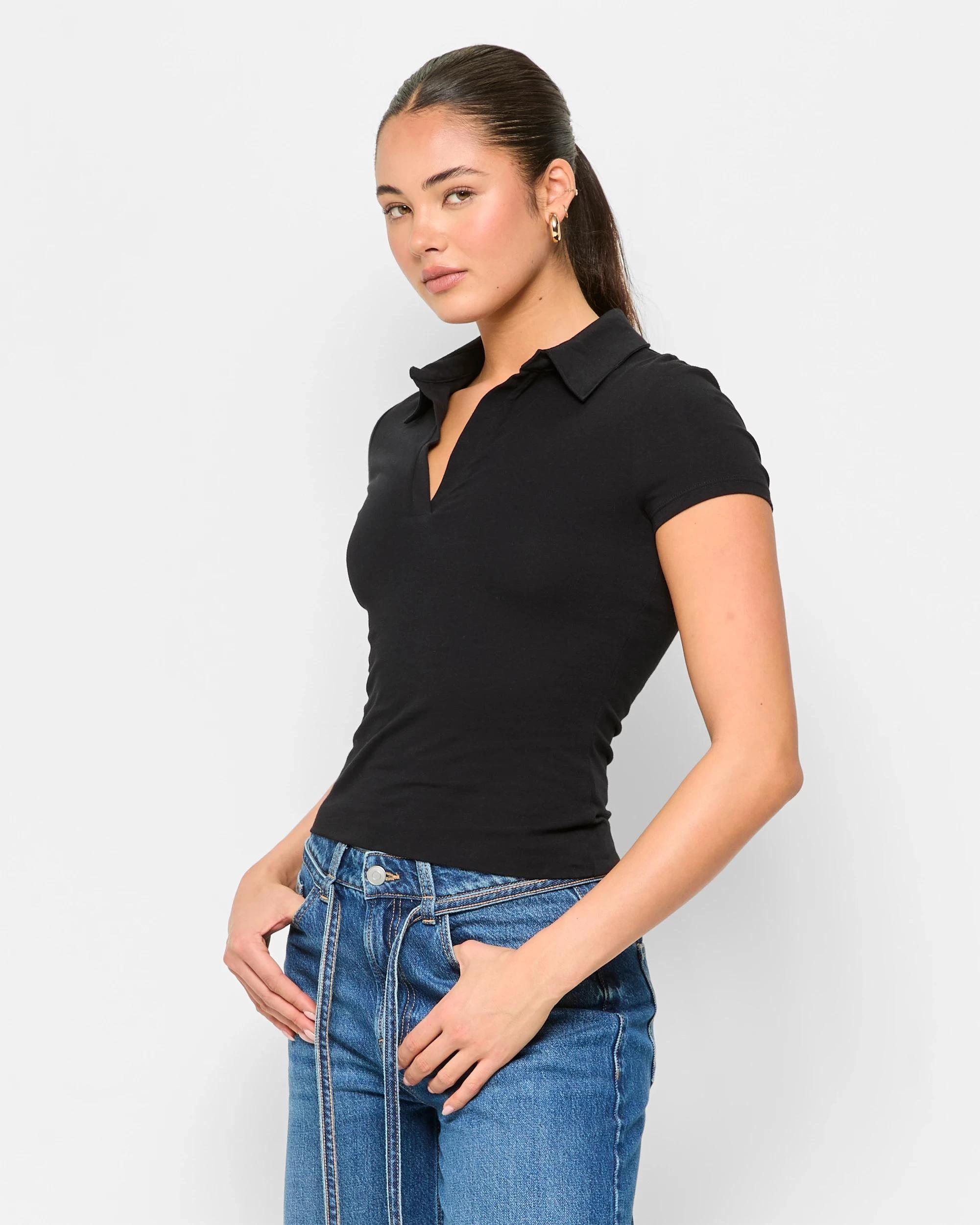 3 Australian Cotton Double Layer Polo Top - Lily Loves BLACK, 3 of 5