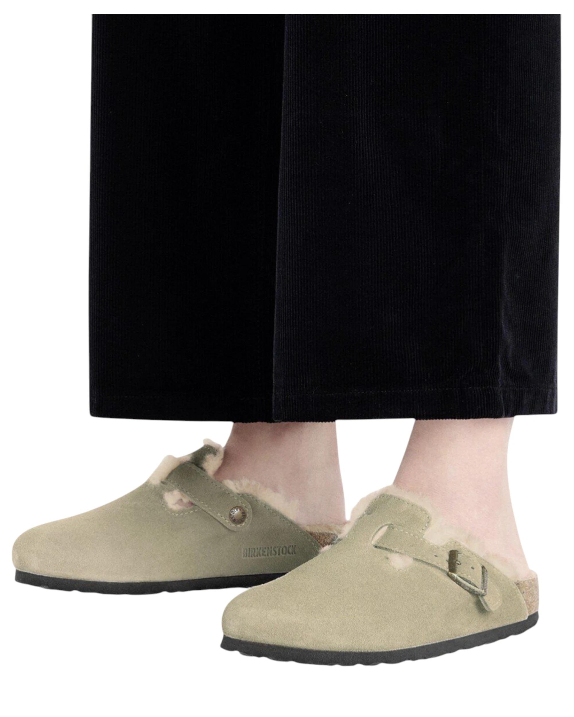 5 Birkenstock Womens Boston Shearling Suede Leather Narrow Slip On Sandals TAUPE, 5 of 8