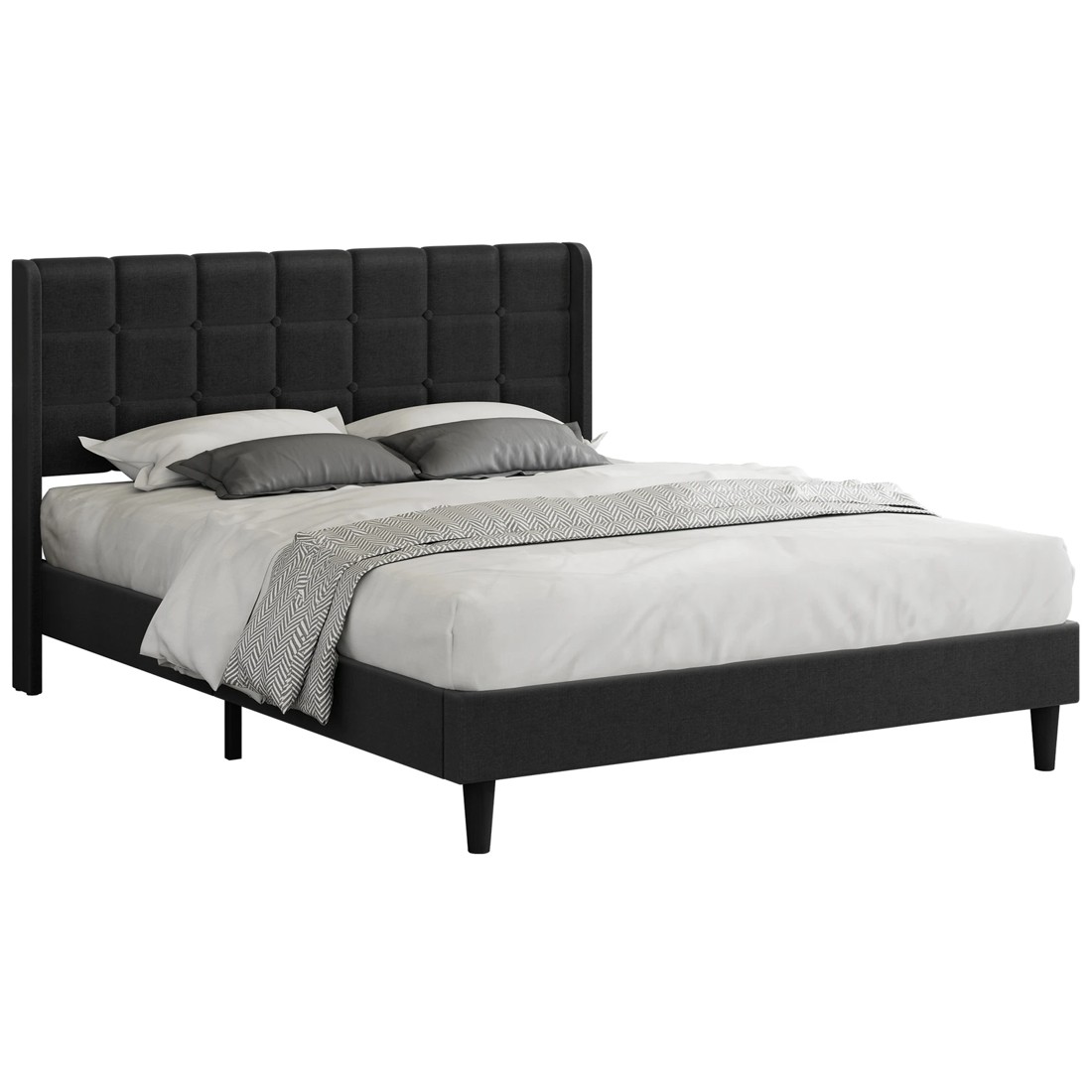 1 Alfordson Bed Frame Queen Size Upholstered Wingback Base Fabric Sarah - Charcoal, 1 of 10