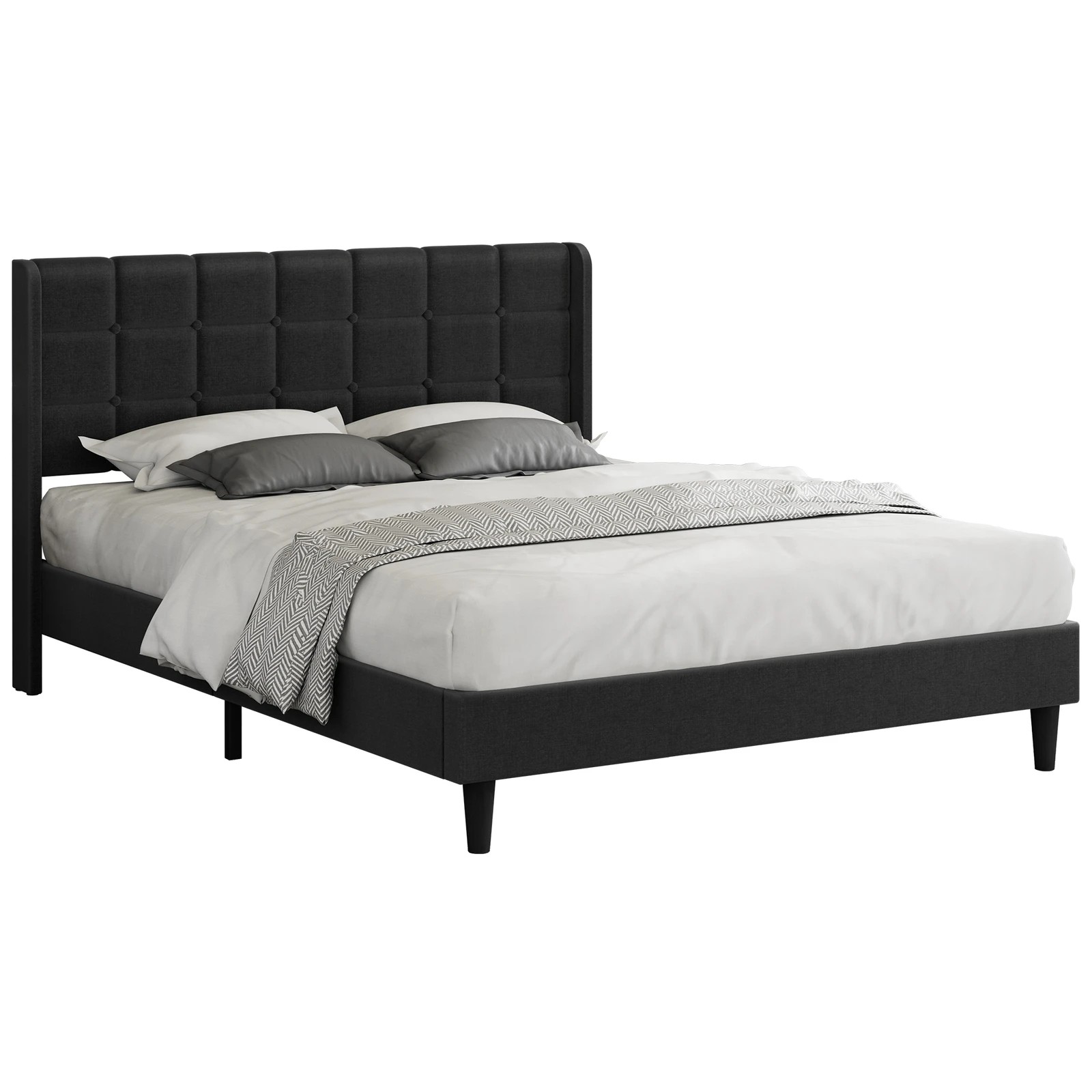 1 Alfordson Bed Frame Queen Size Upholstered Wingback Base Fabric Sarah - Charcoal, 1 of 10