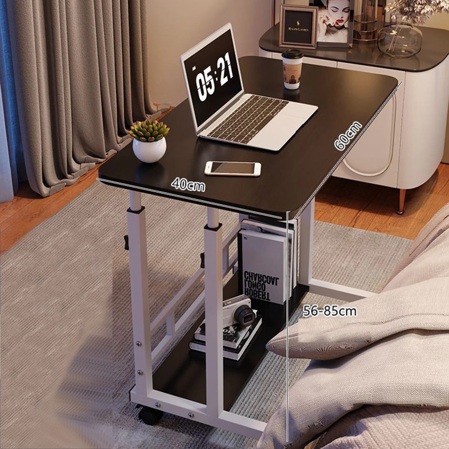 3 Foret Mobile Laptop Study Bedside Desk Storage Stand Adjustable Table 2 Shelf Black, 3 of 8