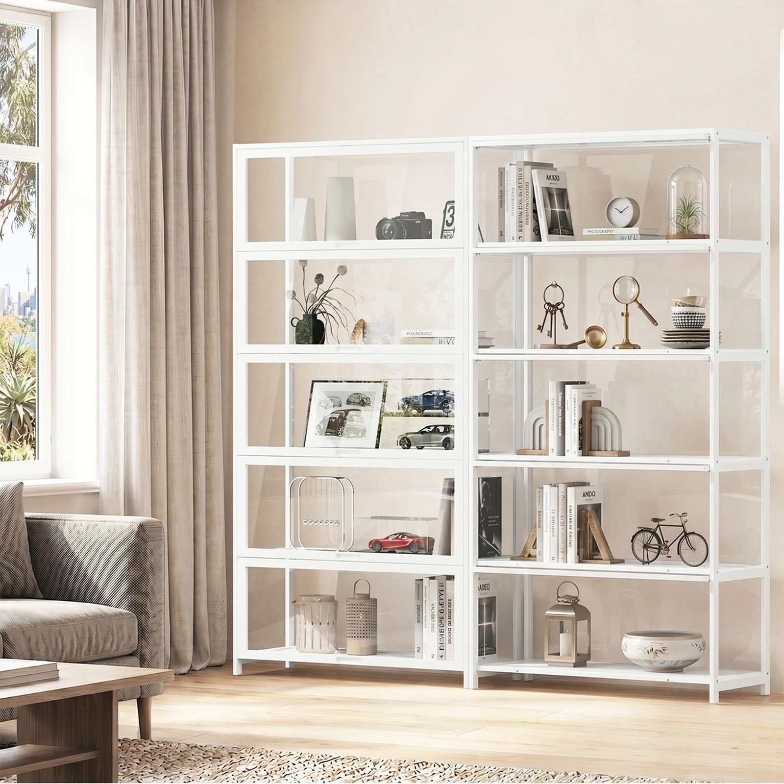 4 Oikiture Display Cabinet Storage 5-Tier Shelves Tall Clear Bookcase Rack - White, 4 of 8