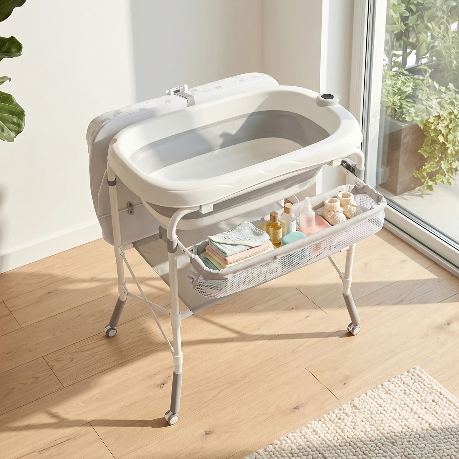 3 Advwin Foldable Baby Bathtub & Changing Table with Storage Rack & Side Basket - White, 3 of 7