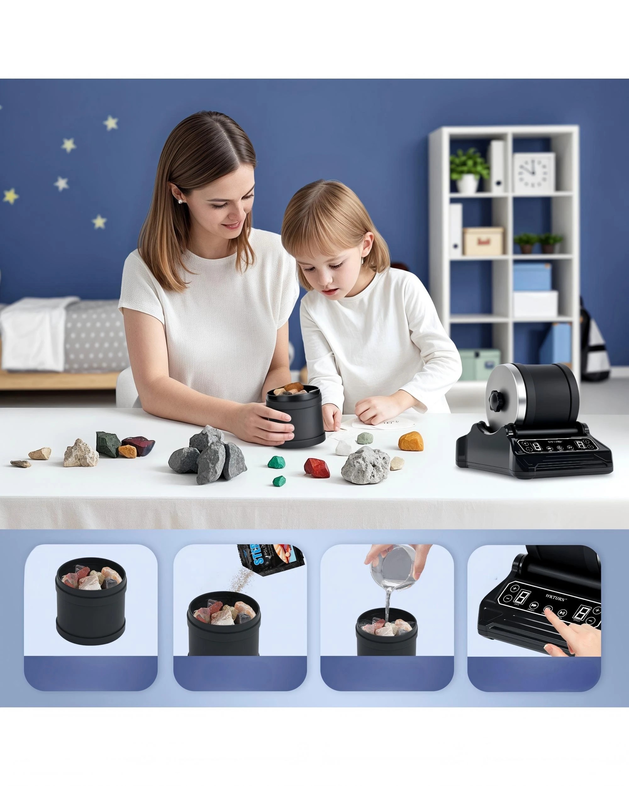 3 Advwin Electric Rock Tumbler for Kids Advanced Rock Polisher - Black, 3 of 8