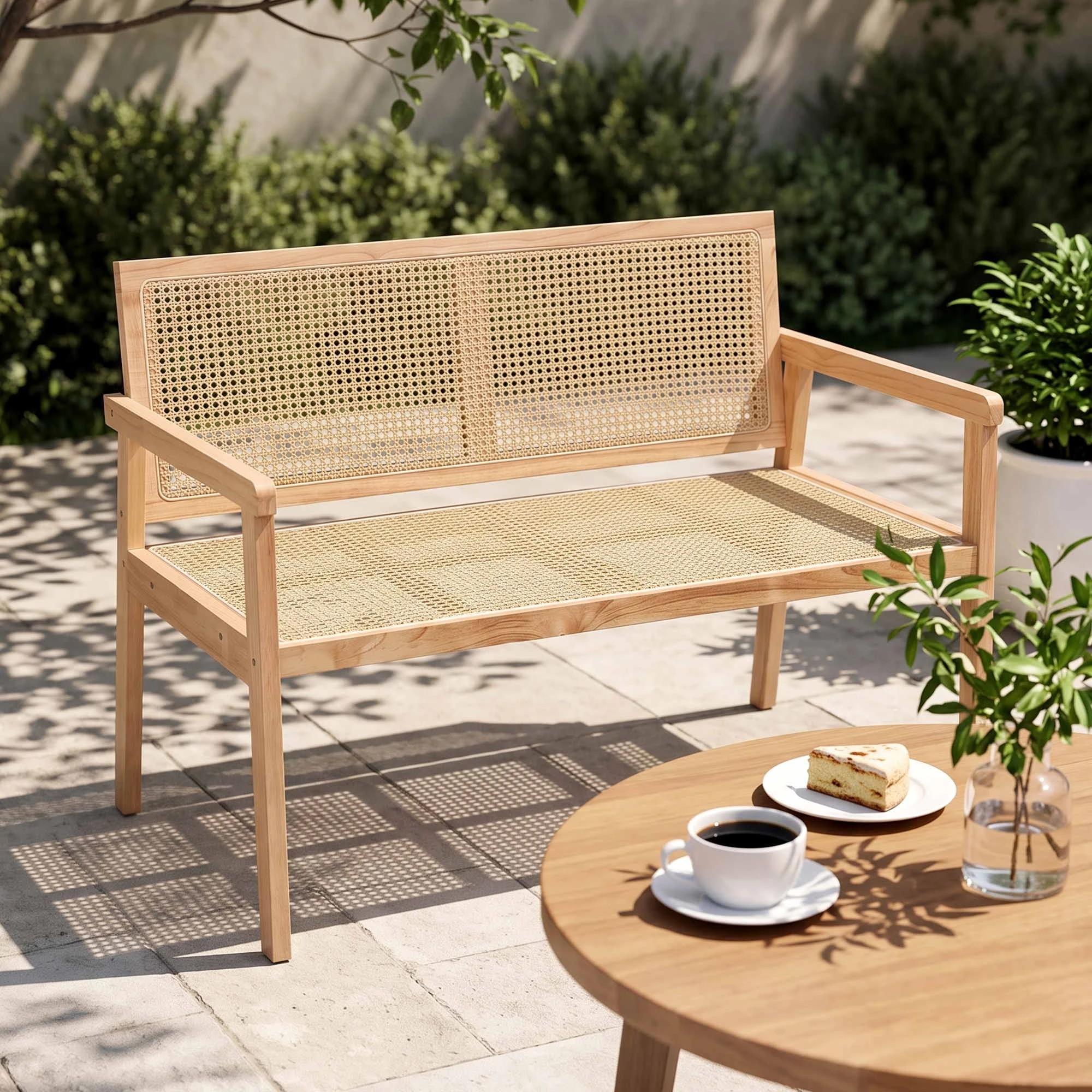 4 Gardeon Garden Bench Wooden Bench Outdoor PVC Woven Seat Backrest 107cm - Natural, 4 of 7