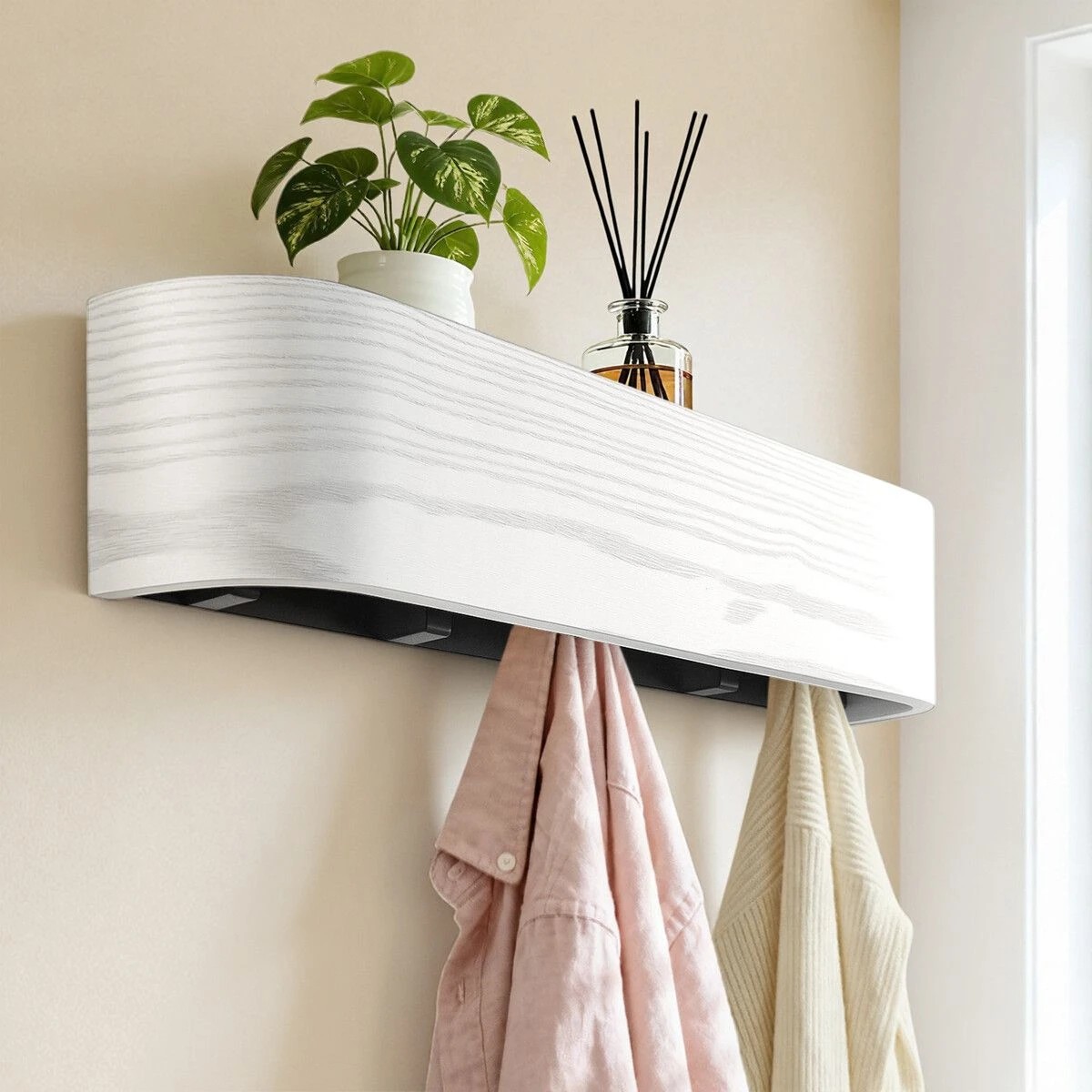 9 Ausway Wall Mounted Coat Rack 5 Hooks Clothes Hanger Hat Jacket Towel Key Holder Organiser Wooden Storage Shelf Hallway, 9 of 9