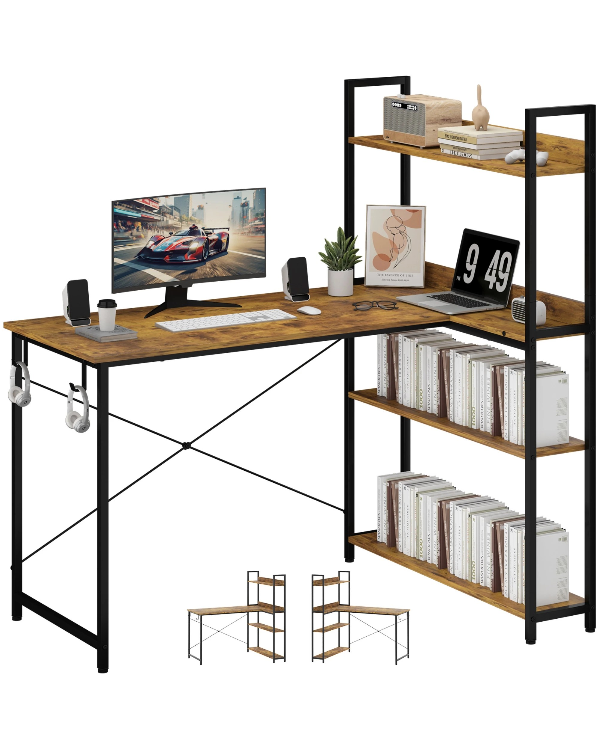 4 Ufurniture Computer Desk with Bookshelf, 110cm L Shaped Corner Desk with Storage - Brown, 4 of 9