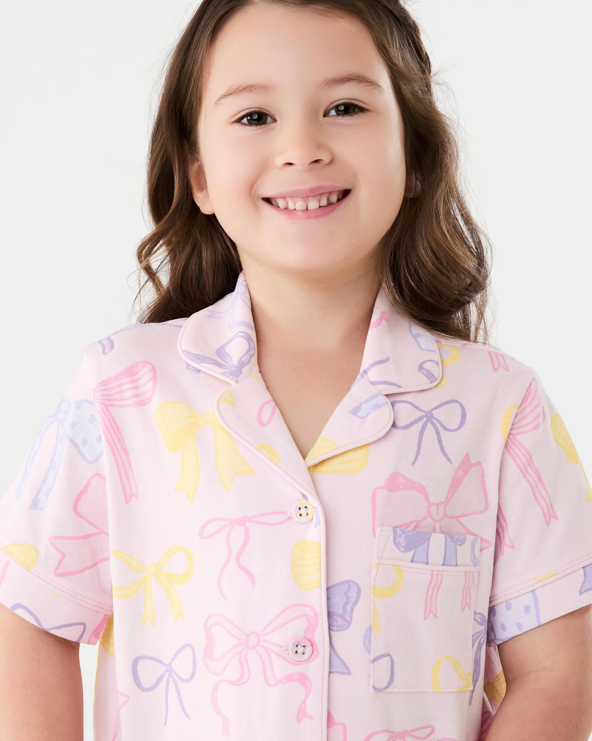 3 Short Sleeve Jersey Button Down Pyjama Set Multi Bow, 3 of 6