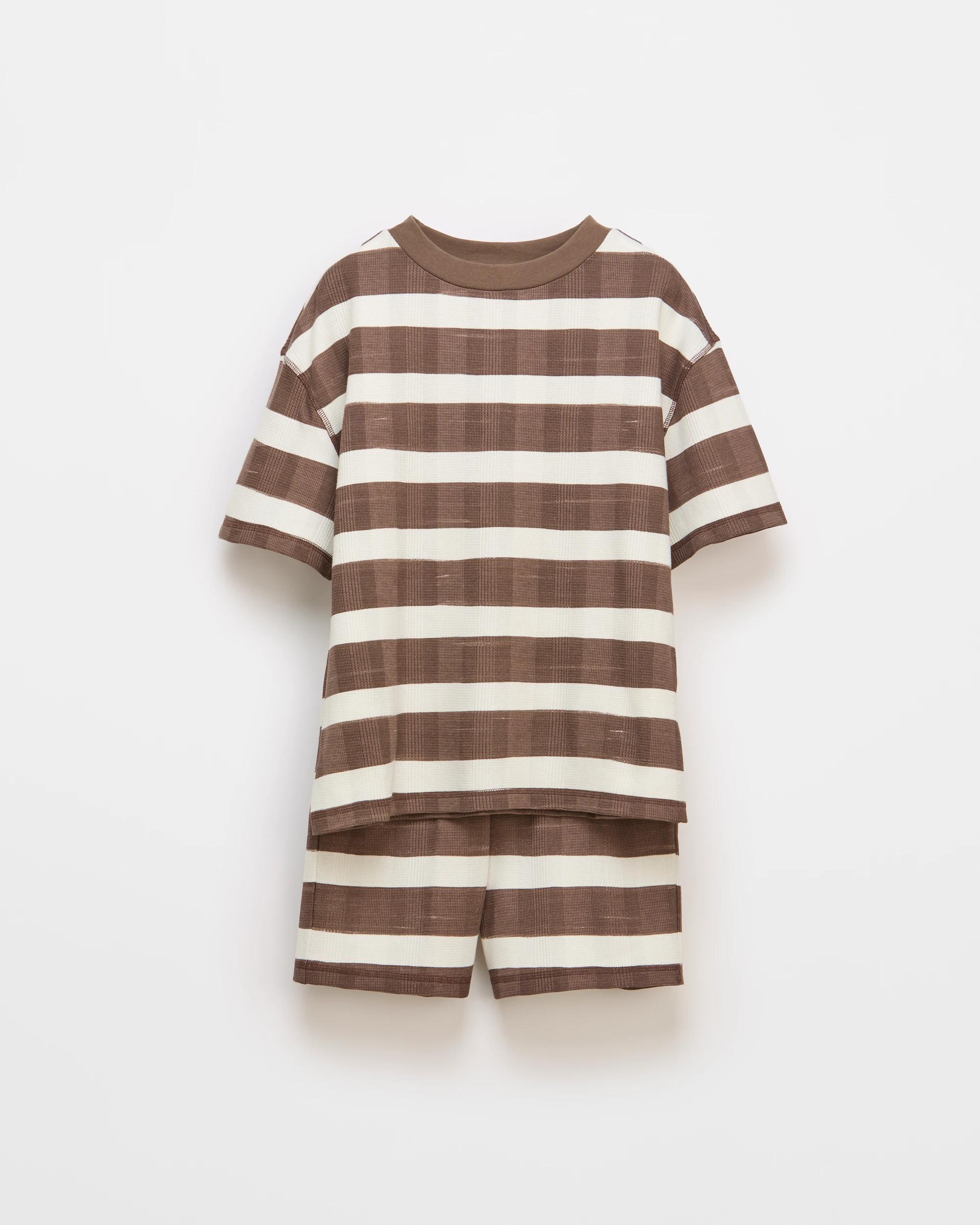1 Target Australian Cotton Older Boys Waffle Short Pyjama Set BROWN/CREAM STRIPE, 1 of 4