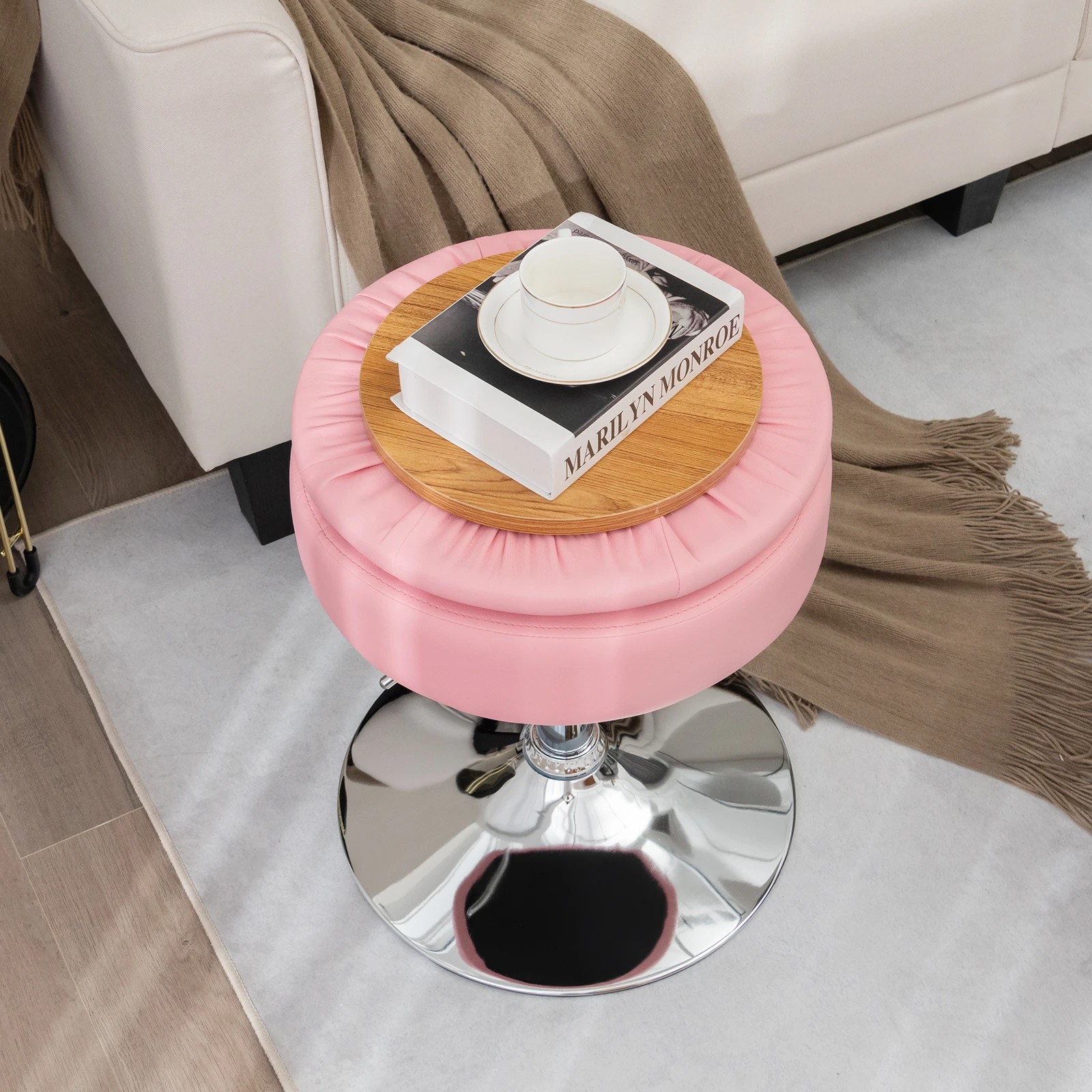 2 Costway Swivel Stool PU Leather w/Flipped Lid Storage Makeup Dressing Chair Side Table - Pink, 2 of 5
