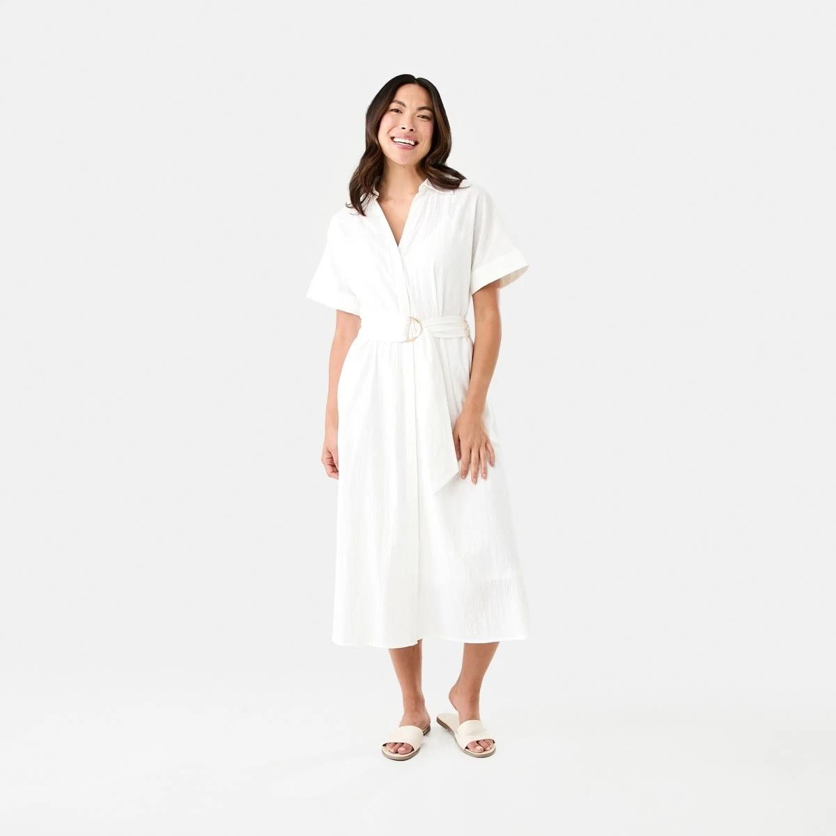 1 Short Sleeve Belted Midi Dress White, 1 of 9