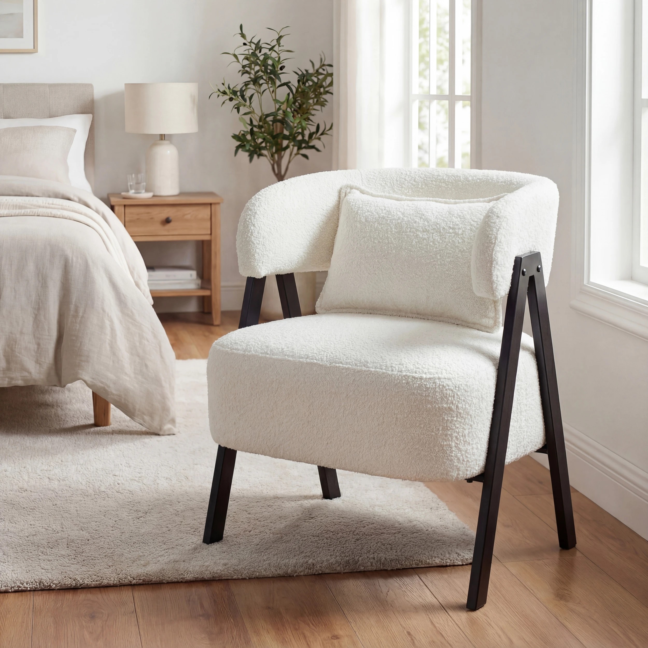 4 Costway Accent Chair Faux Rabbit Fur Armchair Upholstered Leisure Chair w/Lumbar Pillow - White, 4 of 5
