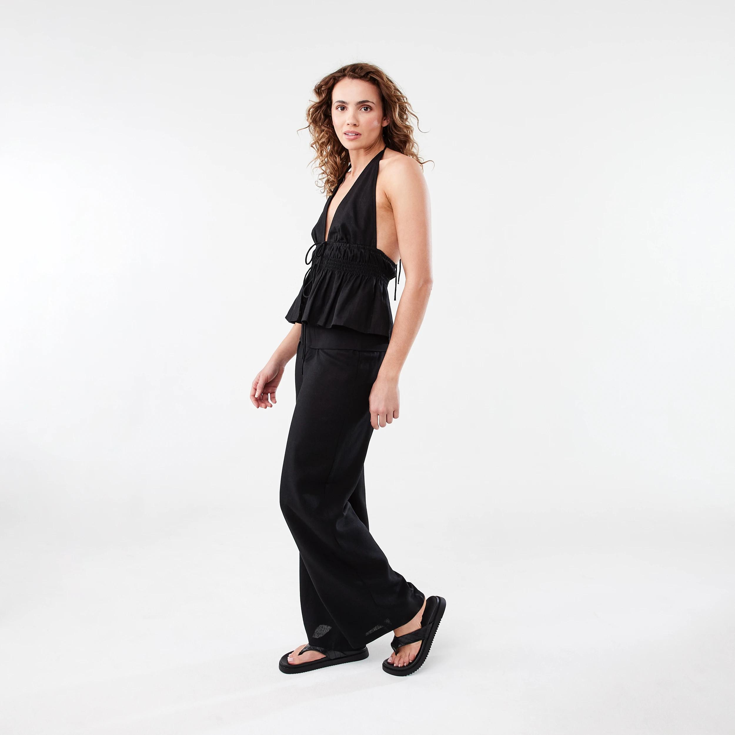 3 Linen Blend Tie Front Halter Neck Top Black, 3 of 7