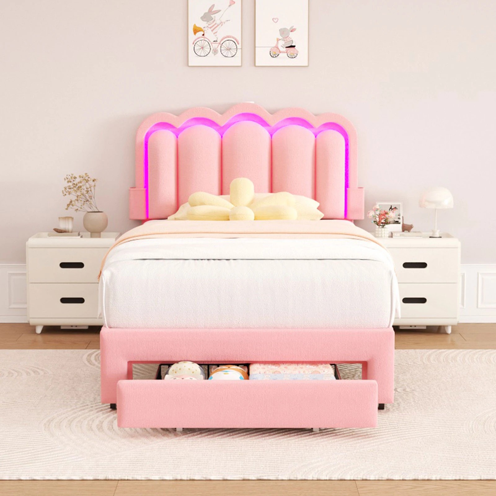 10 Advwin LED Bed Frame with Adjustable Headboard and Drawer USB Velvet King Single - Pink, 10 of 10