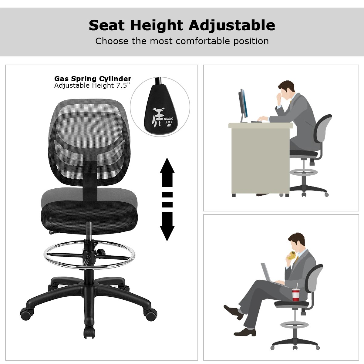 3 Costway Mesh Drafting Chair Ergonomic Office Chair Task Executive Chair, 3 of 9