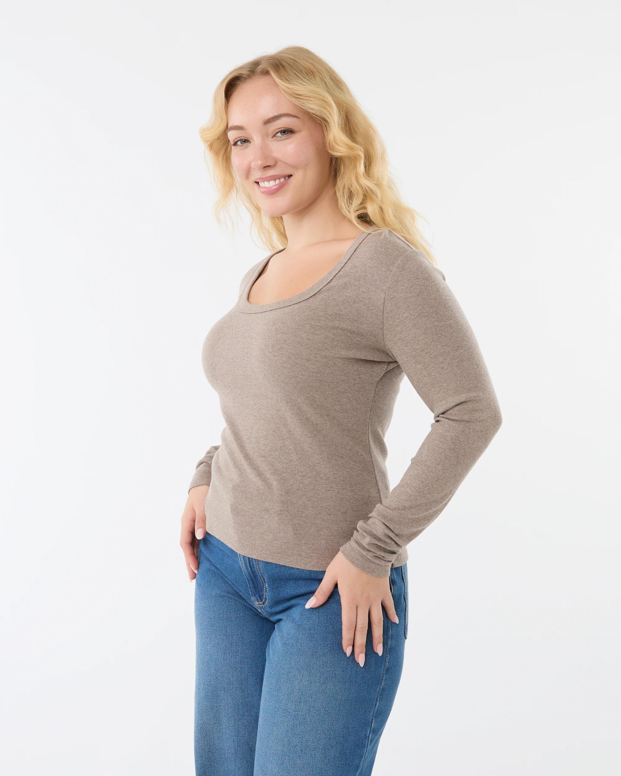3 Long Sleeve Rib Scoop Neck T-shirt Taupe Mrl, 3 of 7