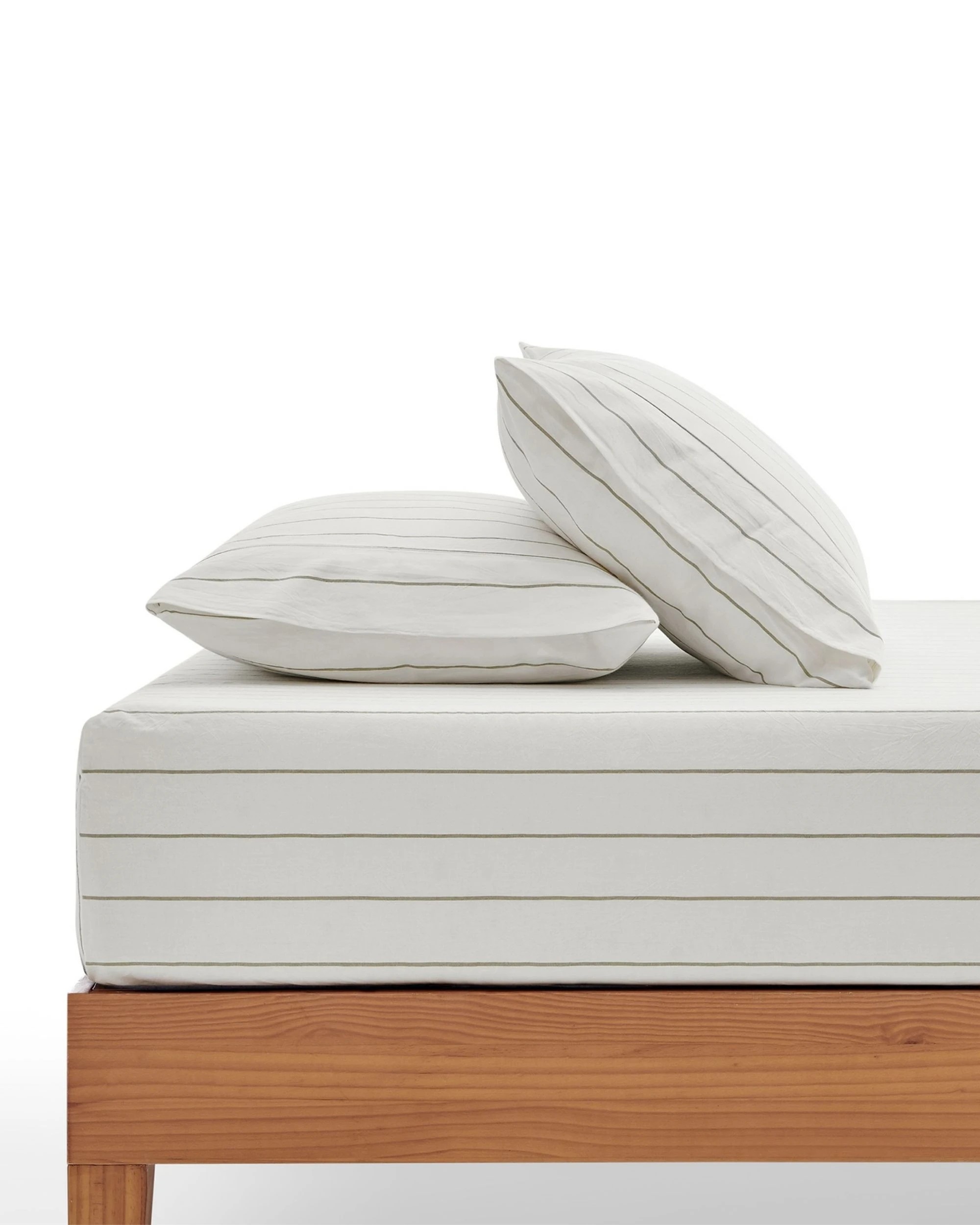 1 Dreamaker Rumi Stripe Washed Cotton Fitted Sheet Set - King Single Bed - White with Olive, 1 of 6