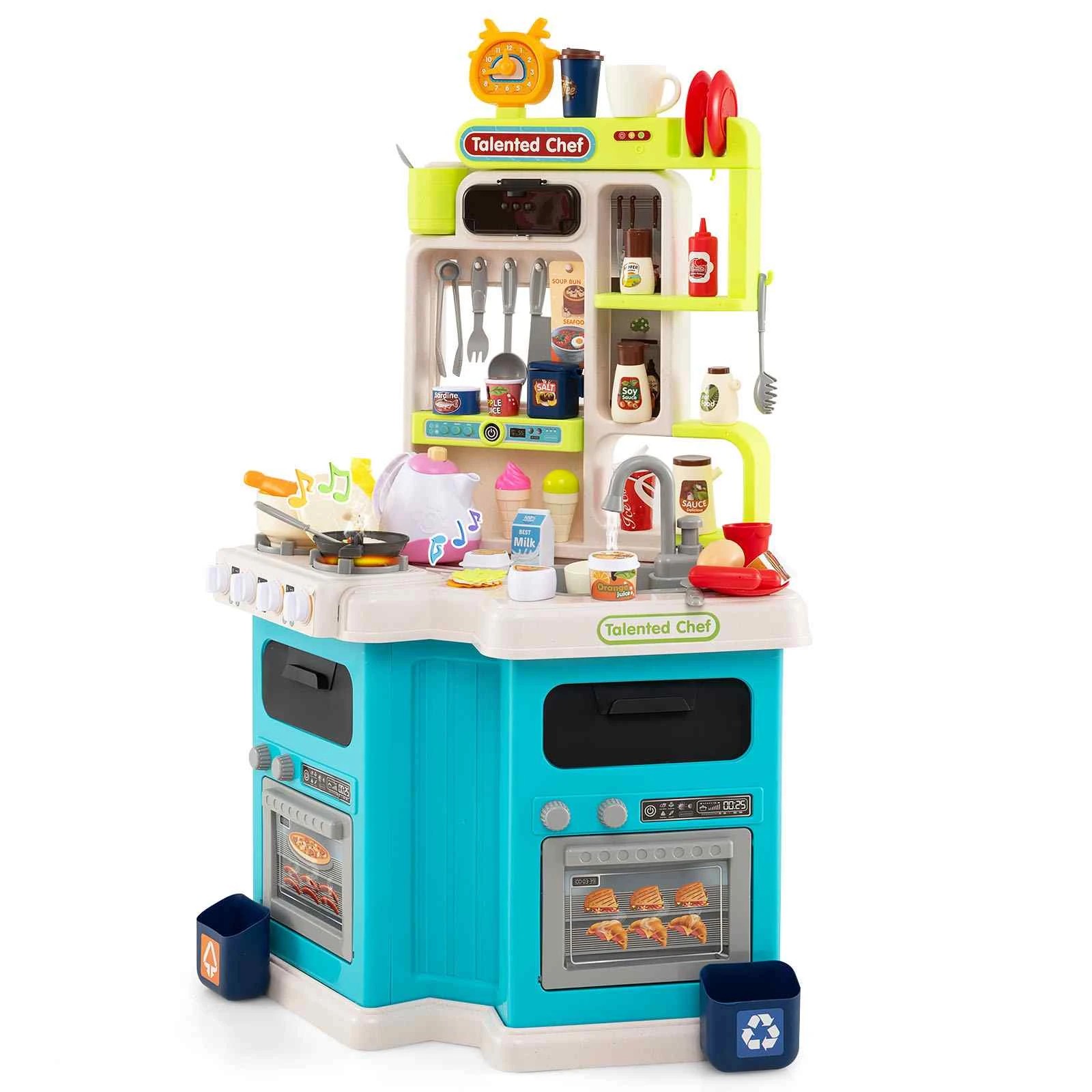 1 Costway 113PCS Kitchen Playset Corner Play Kitchen w/Sound Light - Blue, 1 of 1