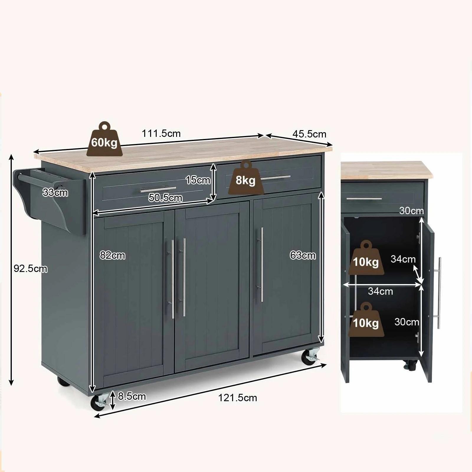 2 Costway Kitchen Island Trolley Rolling Serving Cart Storage Buffet Cabinet - Grey, 2 of 3