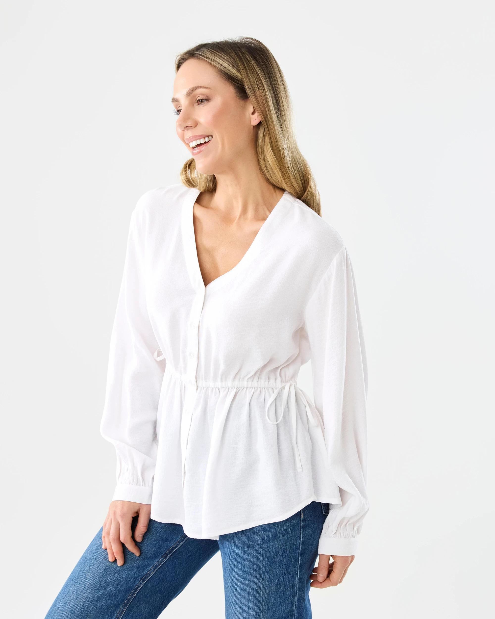 2 Long Sleeve Ruched Tie Top White, 2 of 8