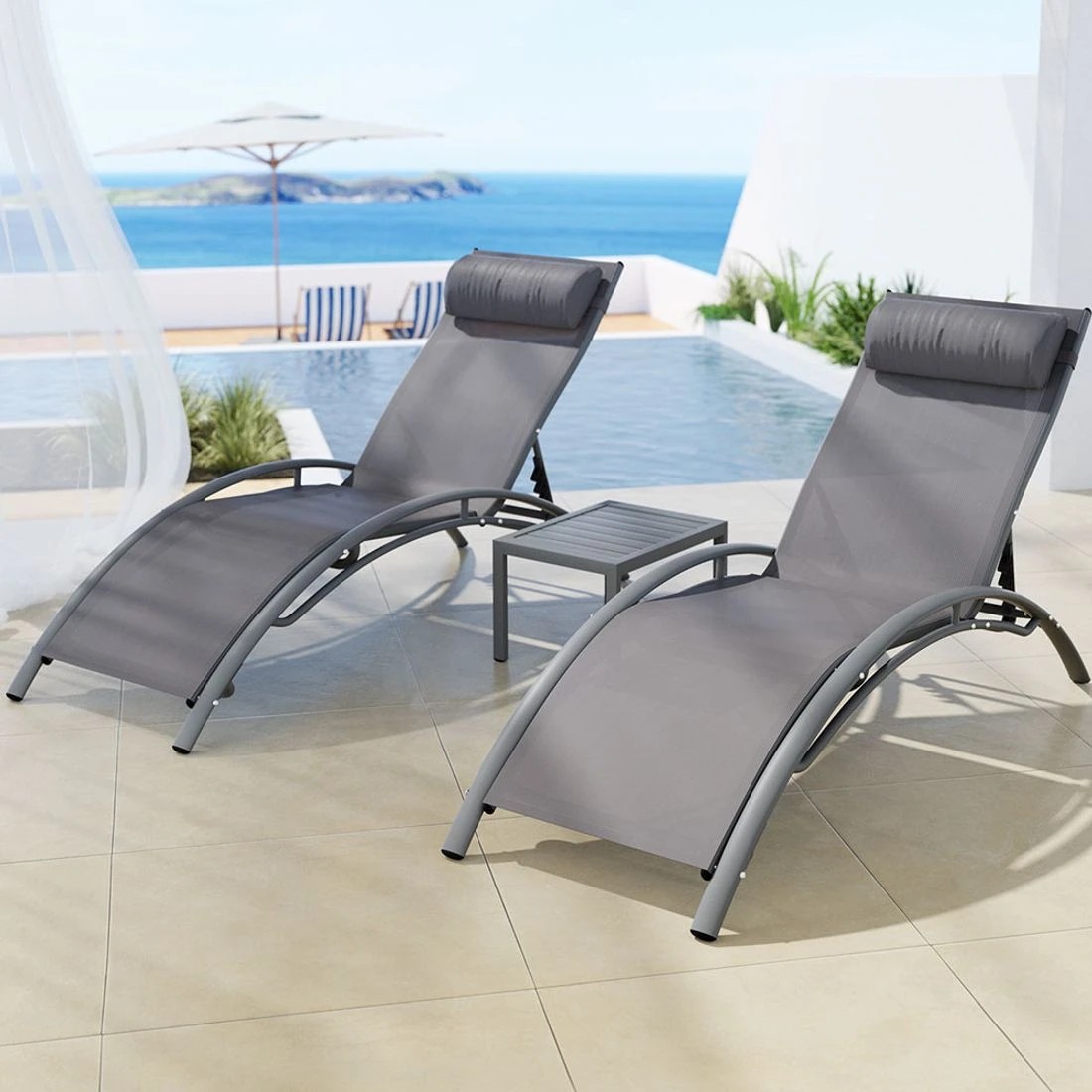 3 Gardeon 3PC Sun Lounge Outdoor Lounger Steel Table Chairs Patio Furniture - Grey, 3 of 7