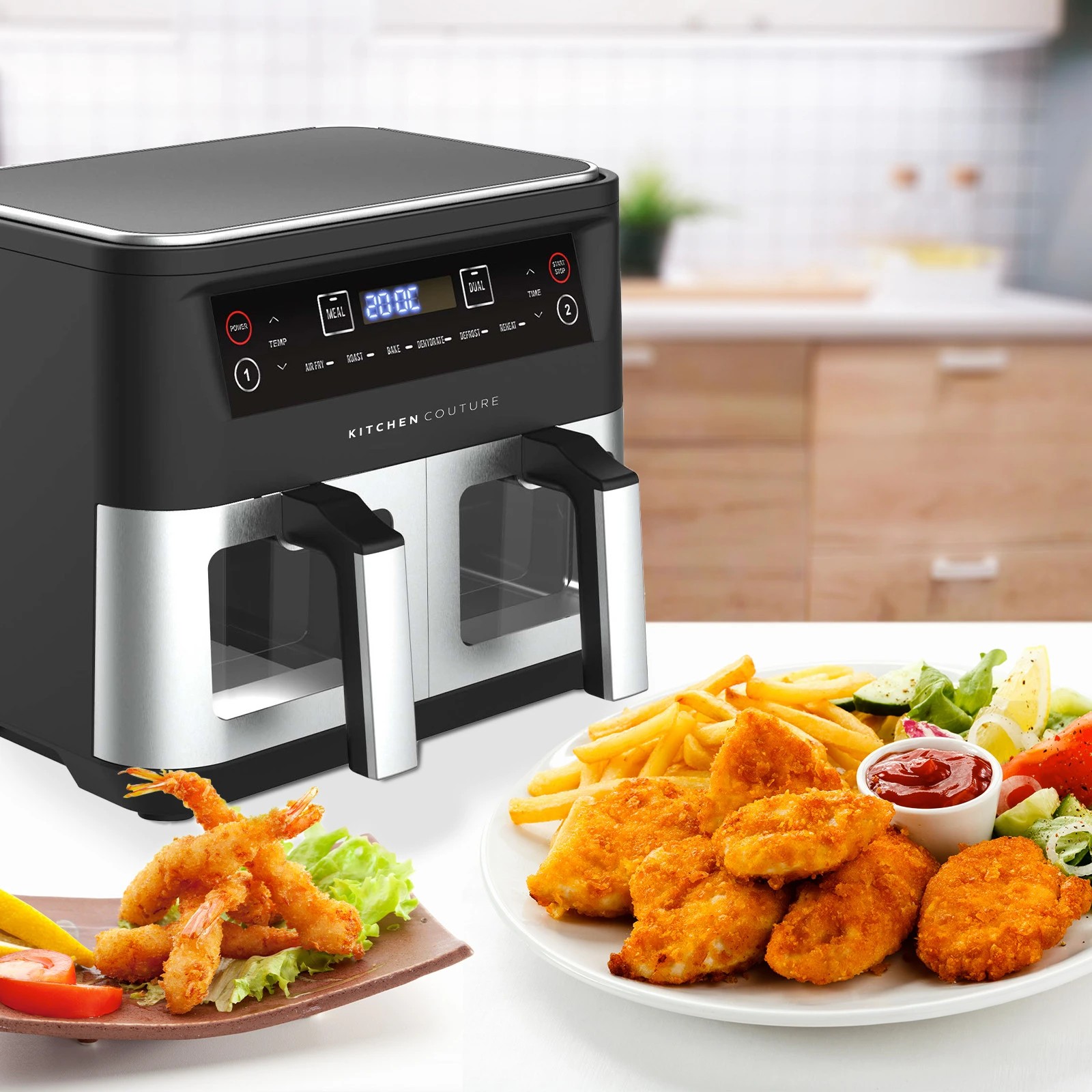 10 Kitchen Couture Dual View 2 x 5 Litre Air Fryer 6 Programs Stainless Steel - Silver, 10 of 10